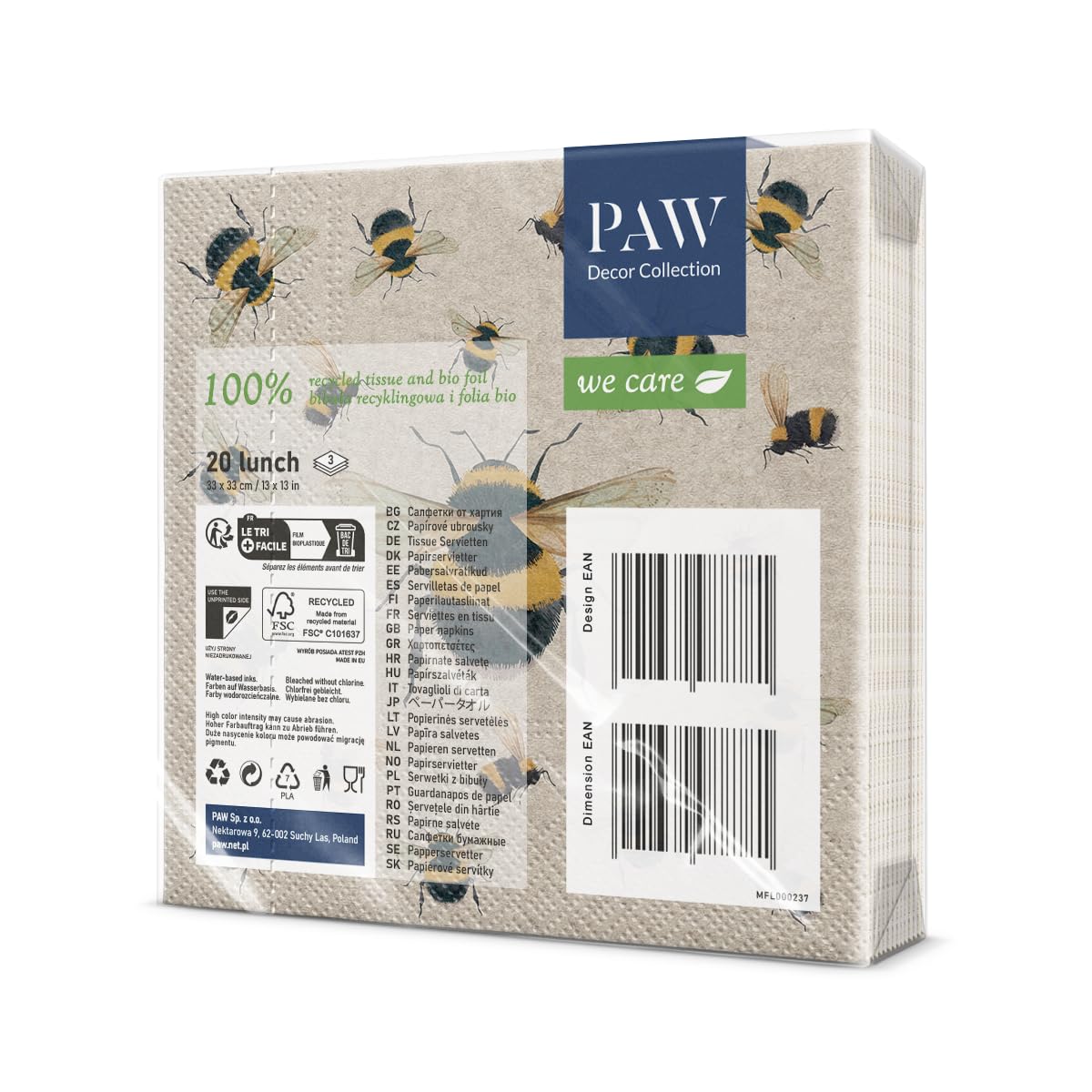 PAW Decor Collection Napkins 3-Ply - 20 Pieces | 33 x 33 cm | Brown Recycled Paper
