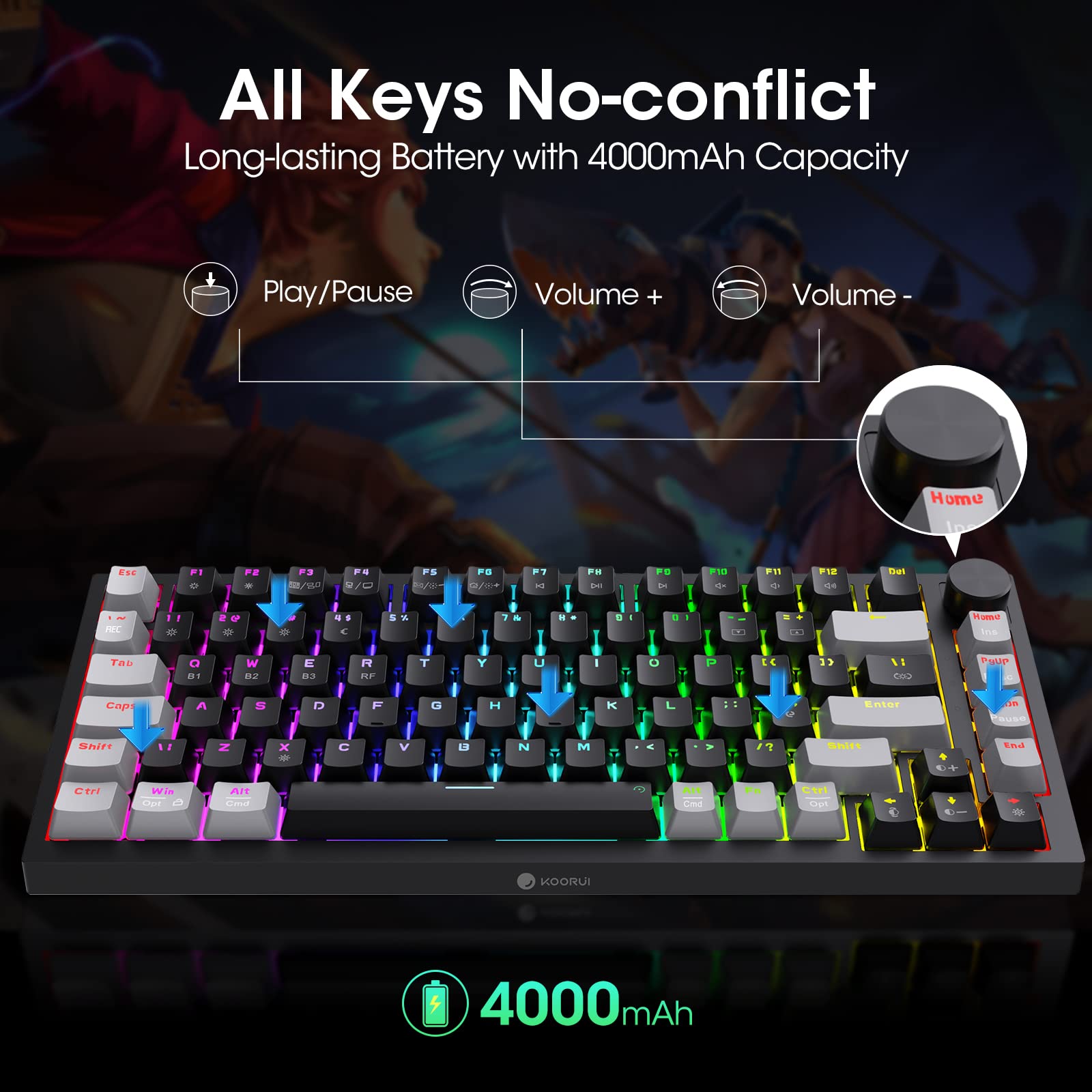 KOORUI MK082 82-Key Mechanical Gaming Keyboard - RGB Backlit, Wireless/Wired, 3-Mode Connectivity