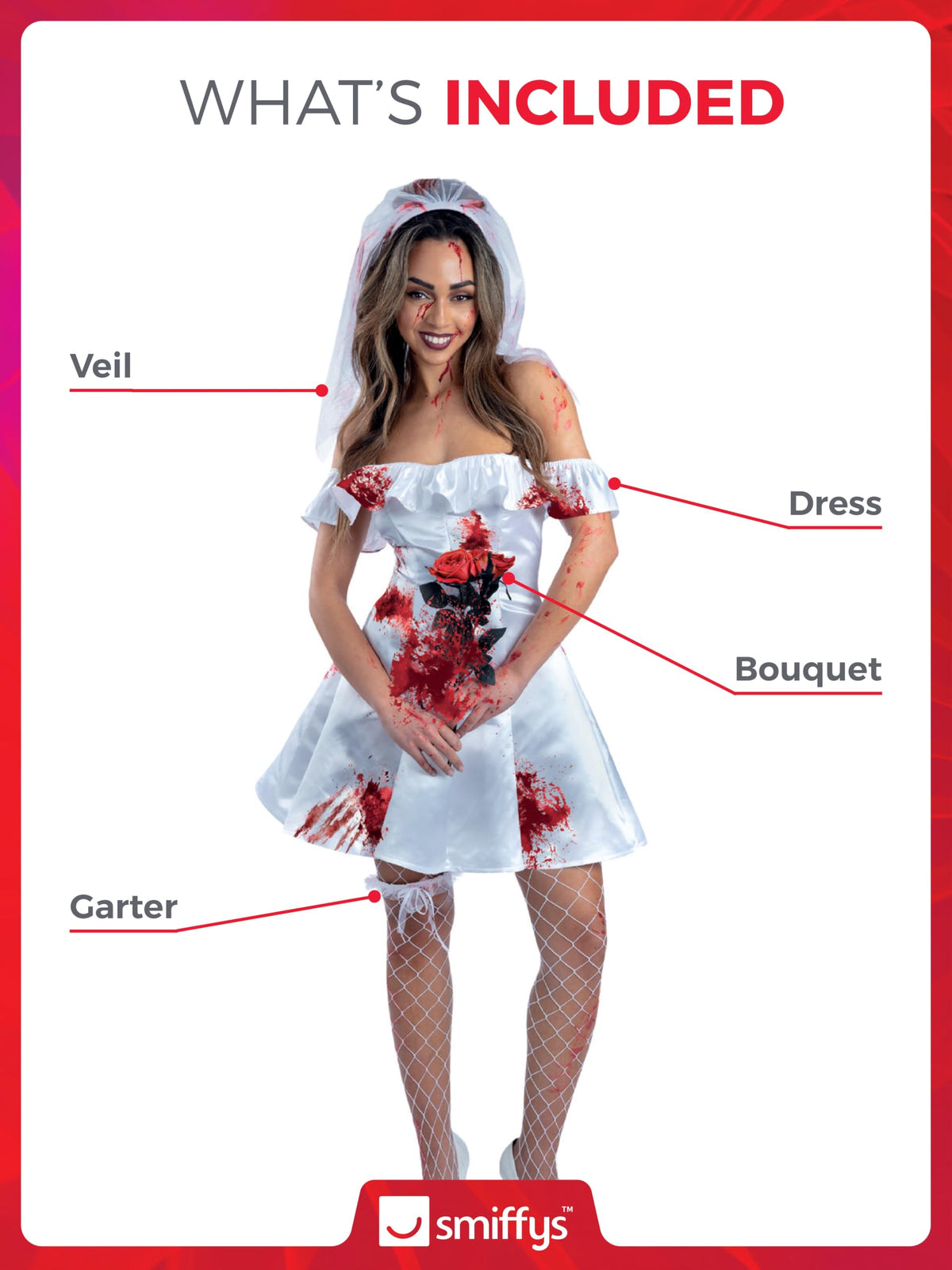 Smiffys Fever Bloody Bride Costume - Adult Fancy Dress, Size UK 8-10