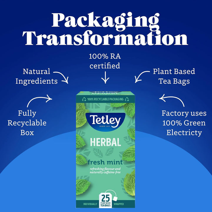 Tetley Fresh Mint Tea Bags - Peppermint & Spearmint Herbal Blend - 25 Bags