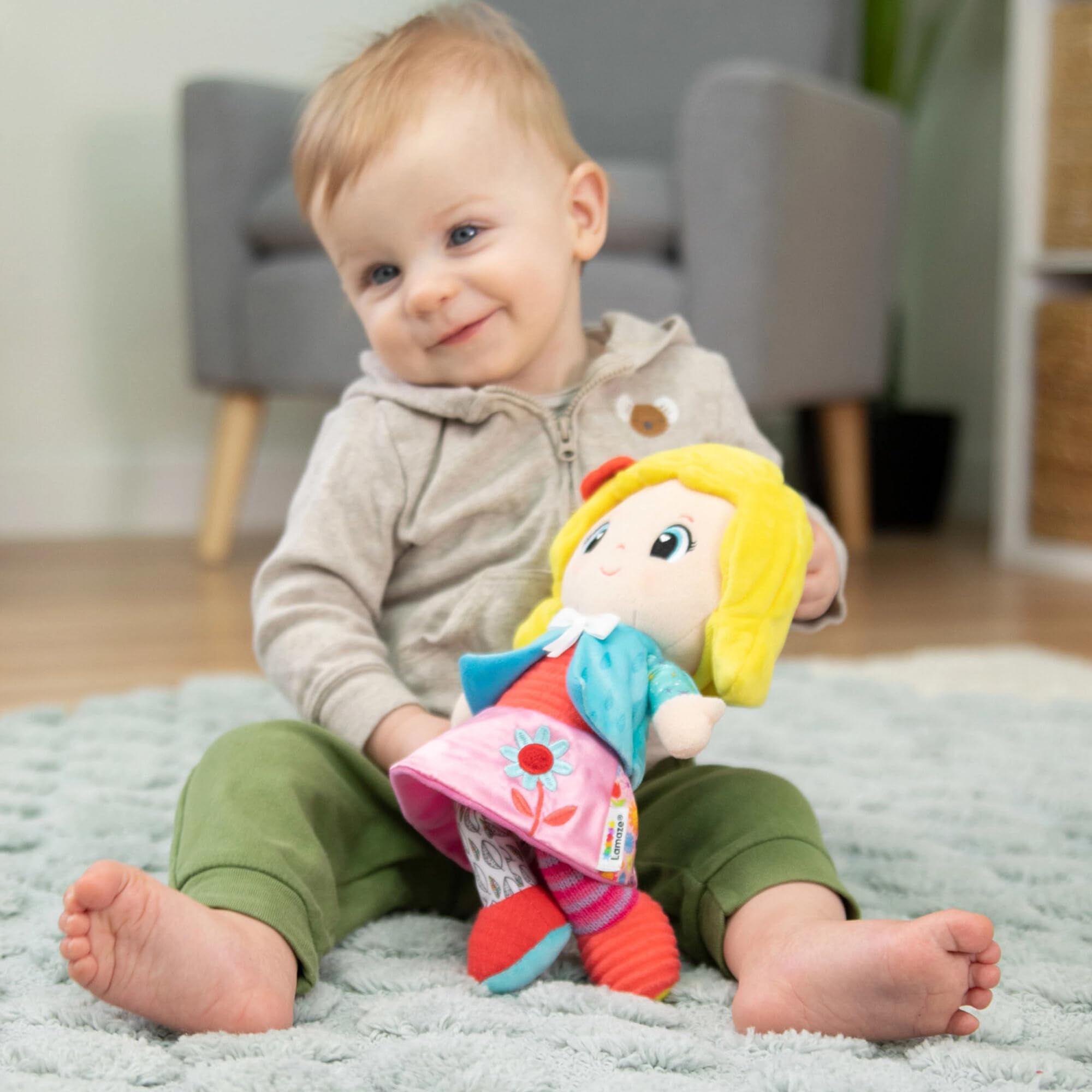 Lamaze My Friend Olivia Clip & Go Pram Toy - Soft Sensory Doll with Rattle and Crinkle Features for Babies 0-6 Months 2