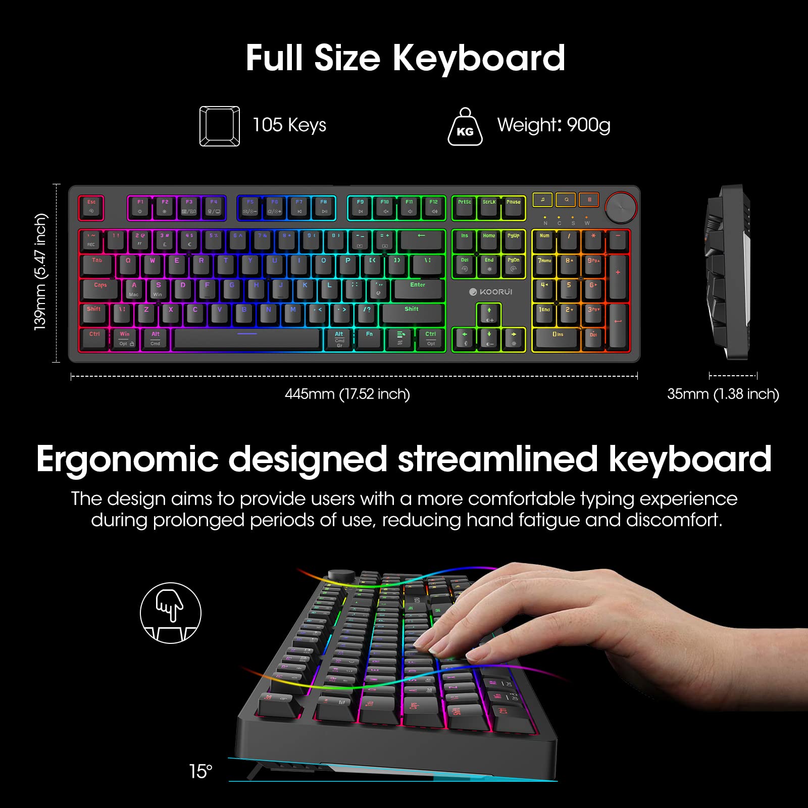 KOORUI MK104-RED Mechanical Gaming Keyboard – 104 Keys, 26 RGB Backlighting Effects, Pluggable Switches, Anti-Ghosting, Wired for PC & Mac 3