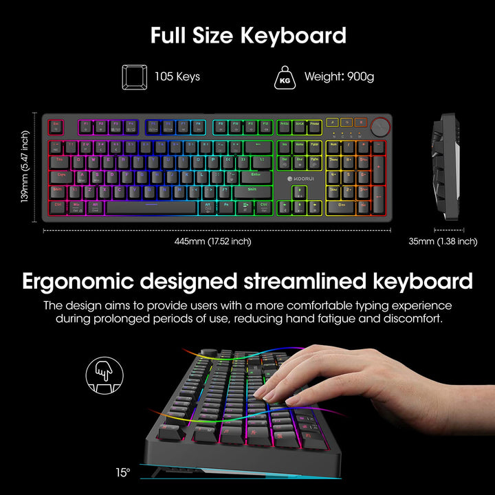 KOORUI MK104-RED Mechanical Gaming Keyboard – 104 Keys, 26 RGB Backlighting Effects, Pluggable Switches, Anti-Ghosting, Wired for PC & Mac