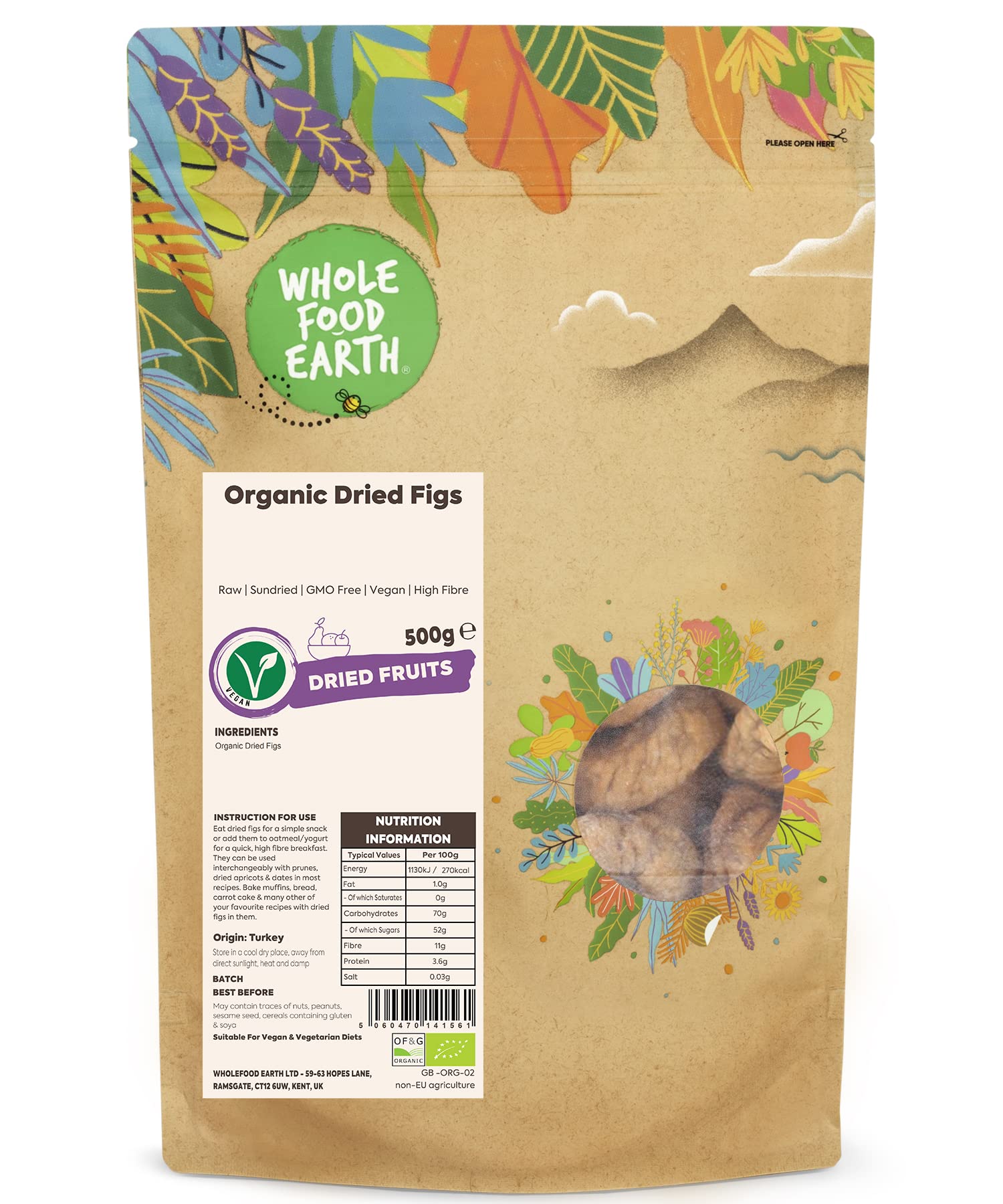 Wholefood Earth Organic Dried Figs - Raw Sundried | 500g Pack 1