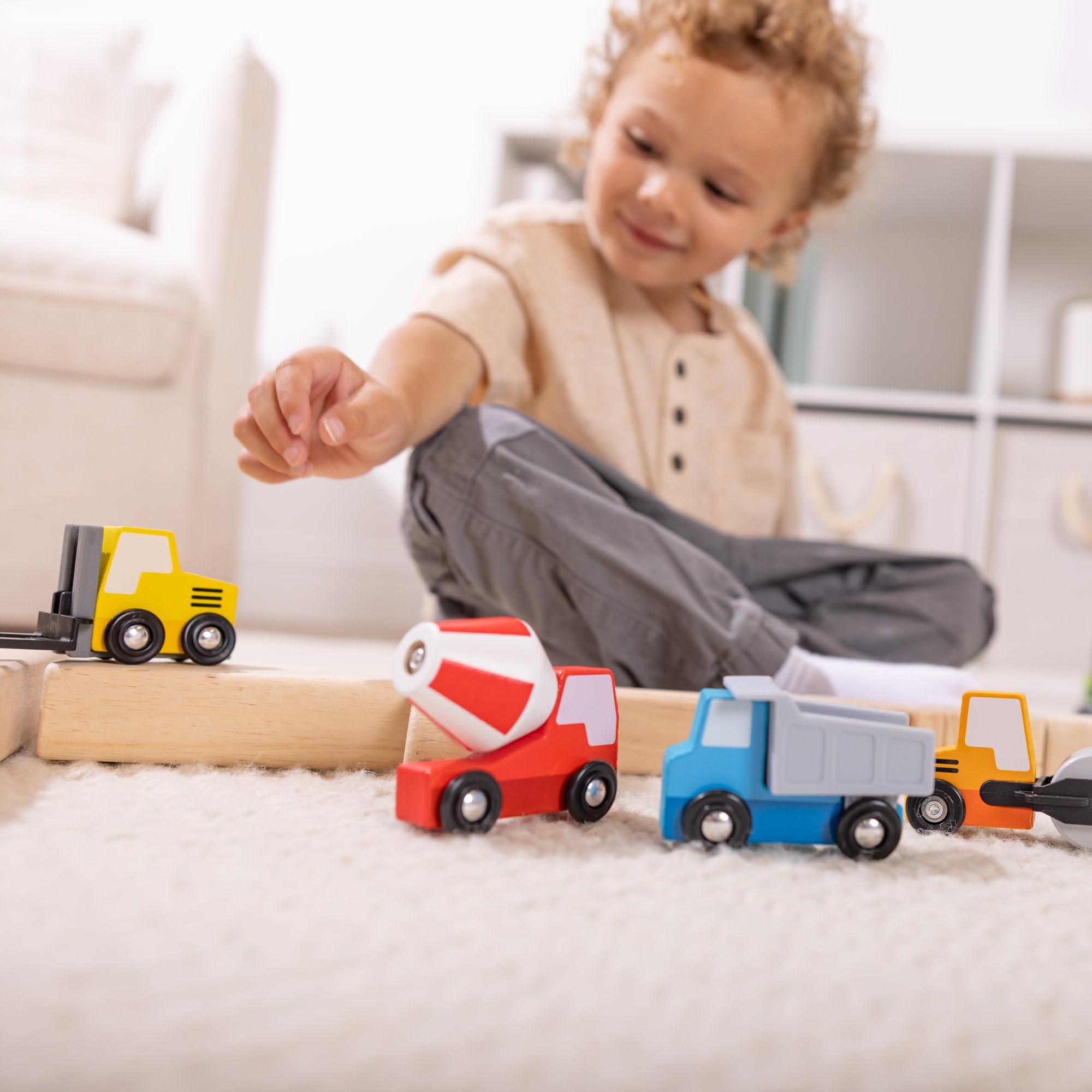 Melissa & Doug Wooden Construction Site Vehicles Playset - 7 Piece Set | Moving Parts | Ages 3-6 5