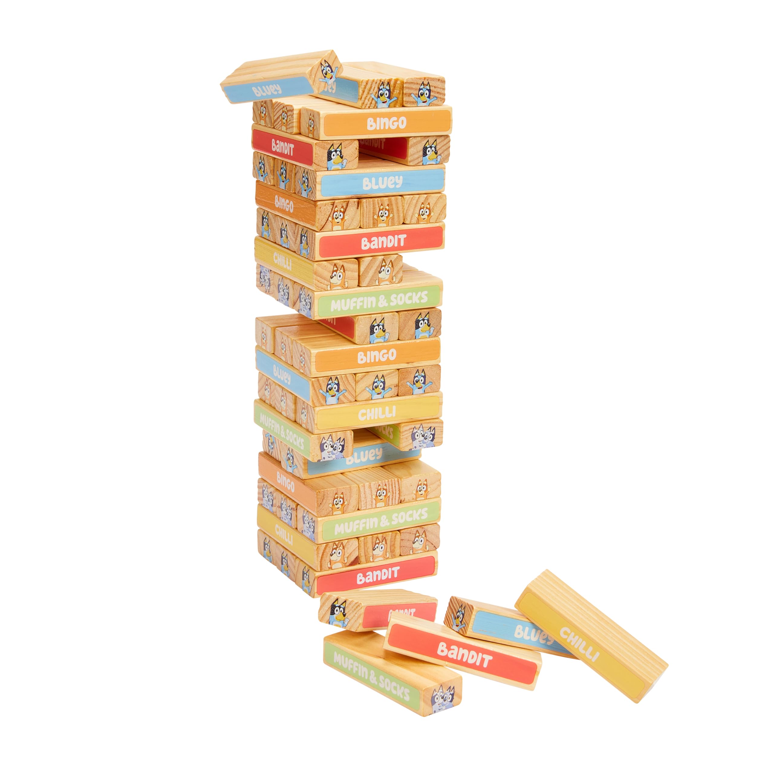 Bluey Tumbling Tower Game - 54 FSC-Certified Wooden Blocks for Stacking Fun 1