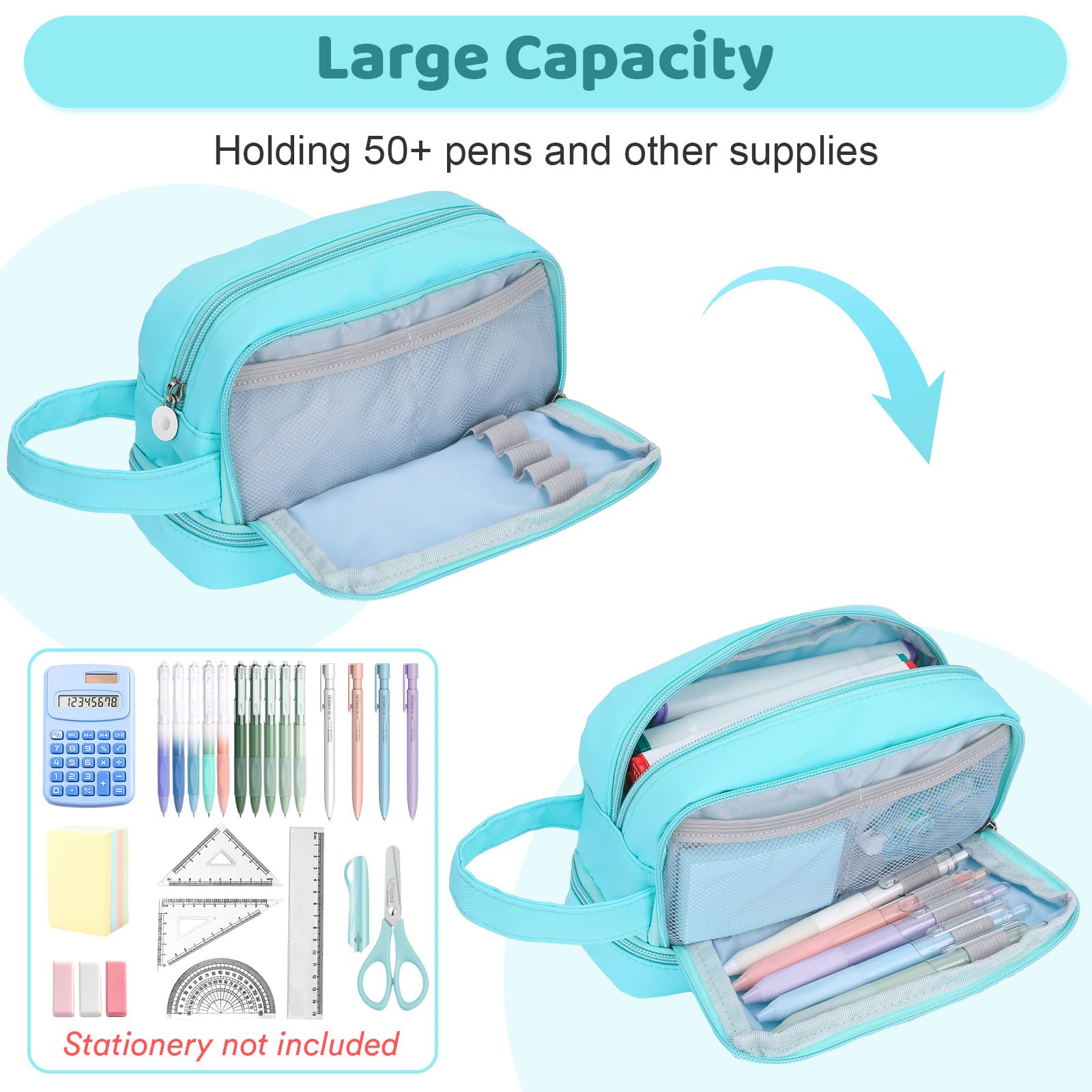 Alyvisun Large Capacity Pencil Case - 3 Compartments, Blue Canvas, Zipper Closure | Handle Strap 2