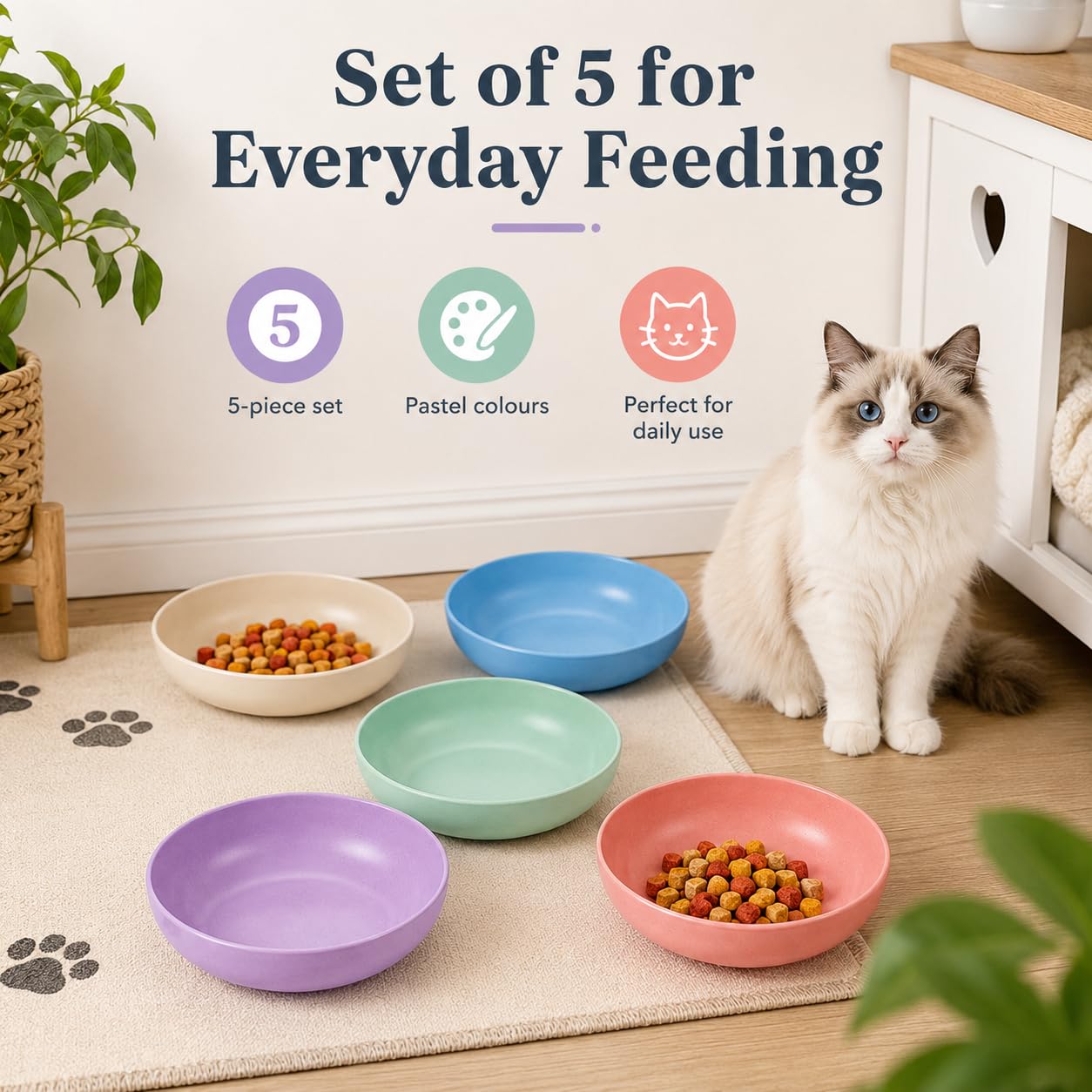 JADUFHU Cat Bowls - 5 Pack, Whisker Friendly, Dishwasher Safe, Multi-Colour 4