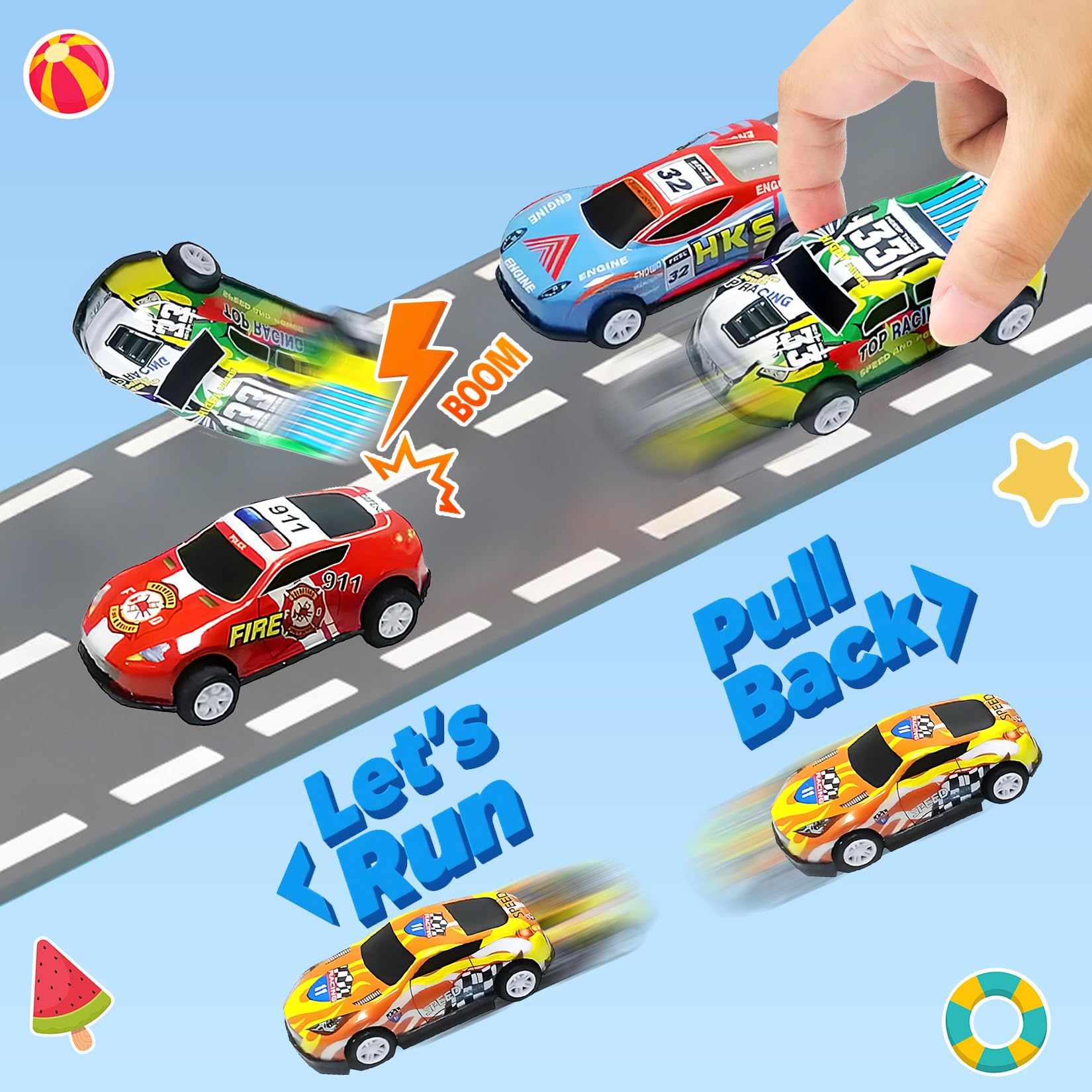 TOYABI Metal Pull Back Race Car Set - 22Pcs Mini Cars with 8 Roadblocks for Kids 3+ 2