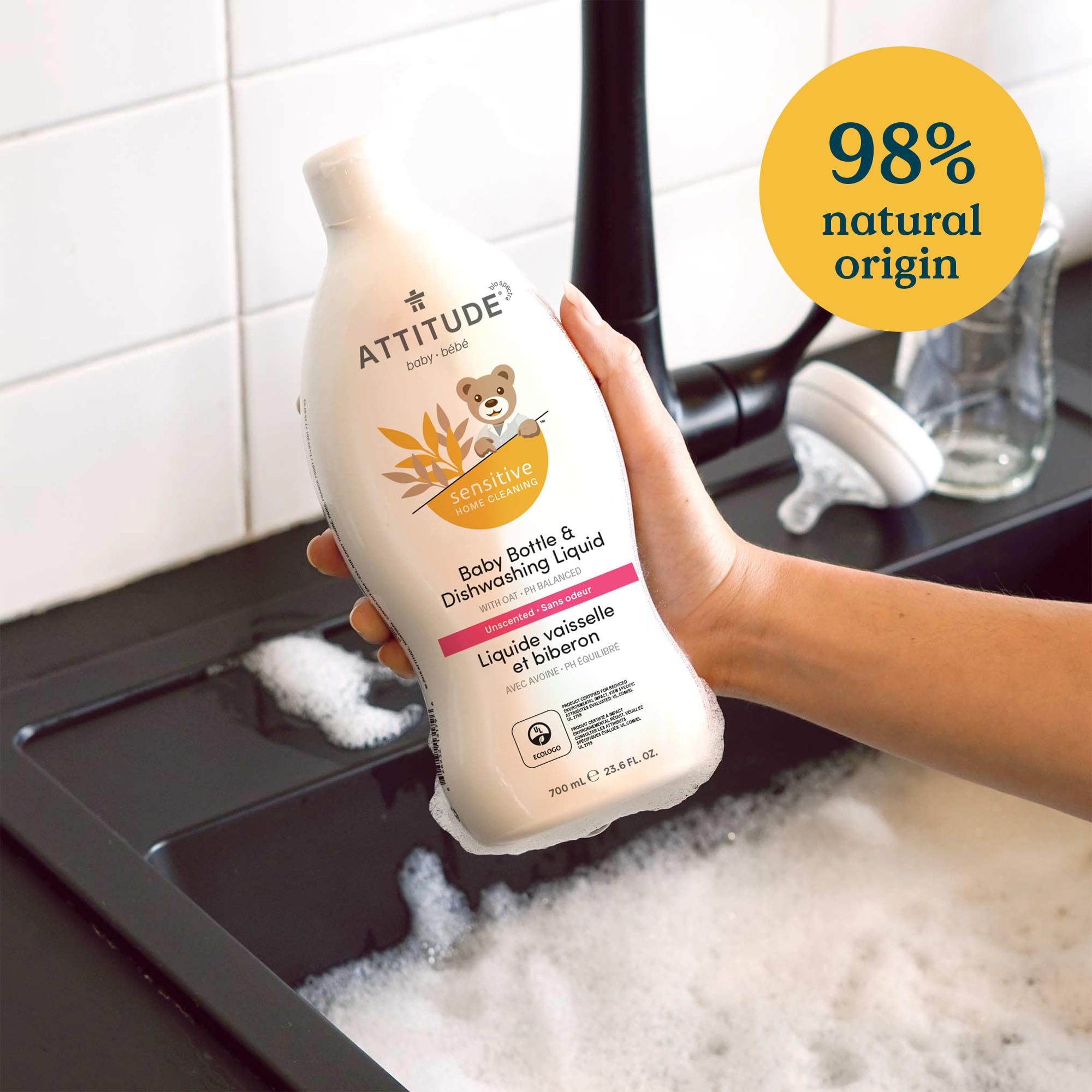 ATTITUDE Sensitive Skin Baby Natural Bottle and Dishwashing Liquid - EWG Verified, Unscented, Vegan Formula, 700 ml 3