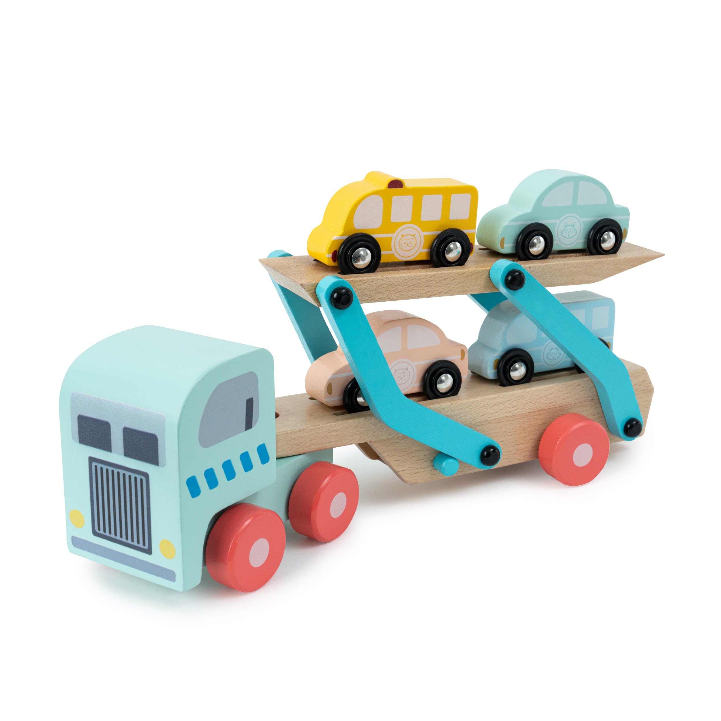 Owl & Fox Wooden Toy Car Transporter with Lorry, Trailer, and 4 Cars 7