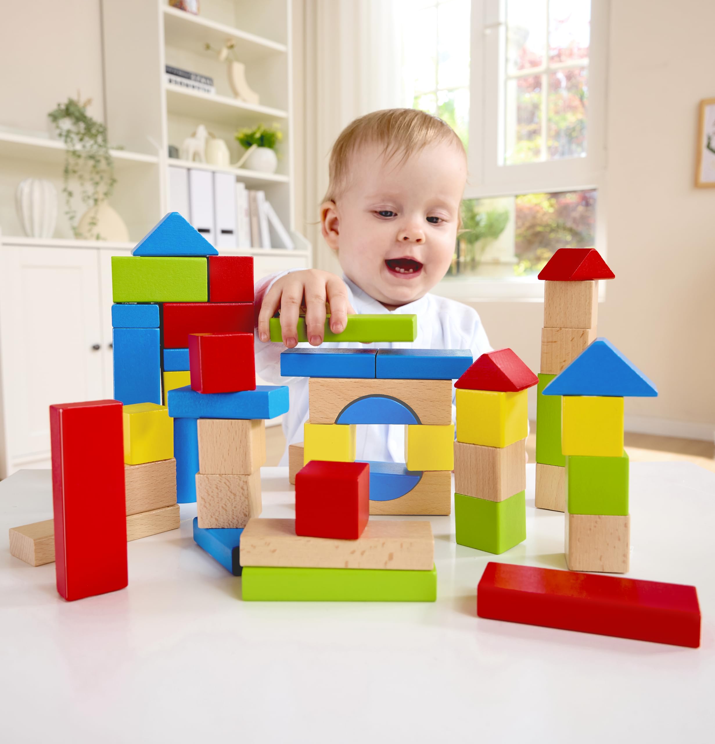 Hape Maple Blocks Wooden Building Blocks Set - 50 Pieces, Assorted Shapes & Colors | Ages 12M+ | E0409