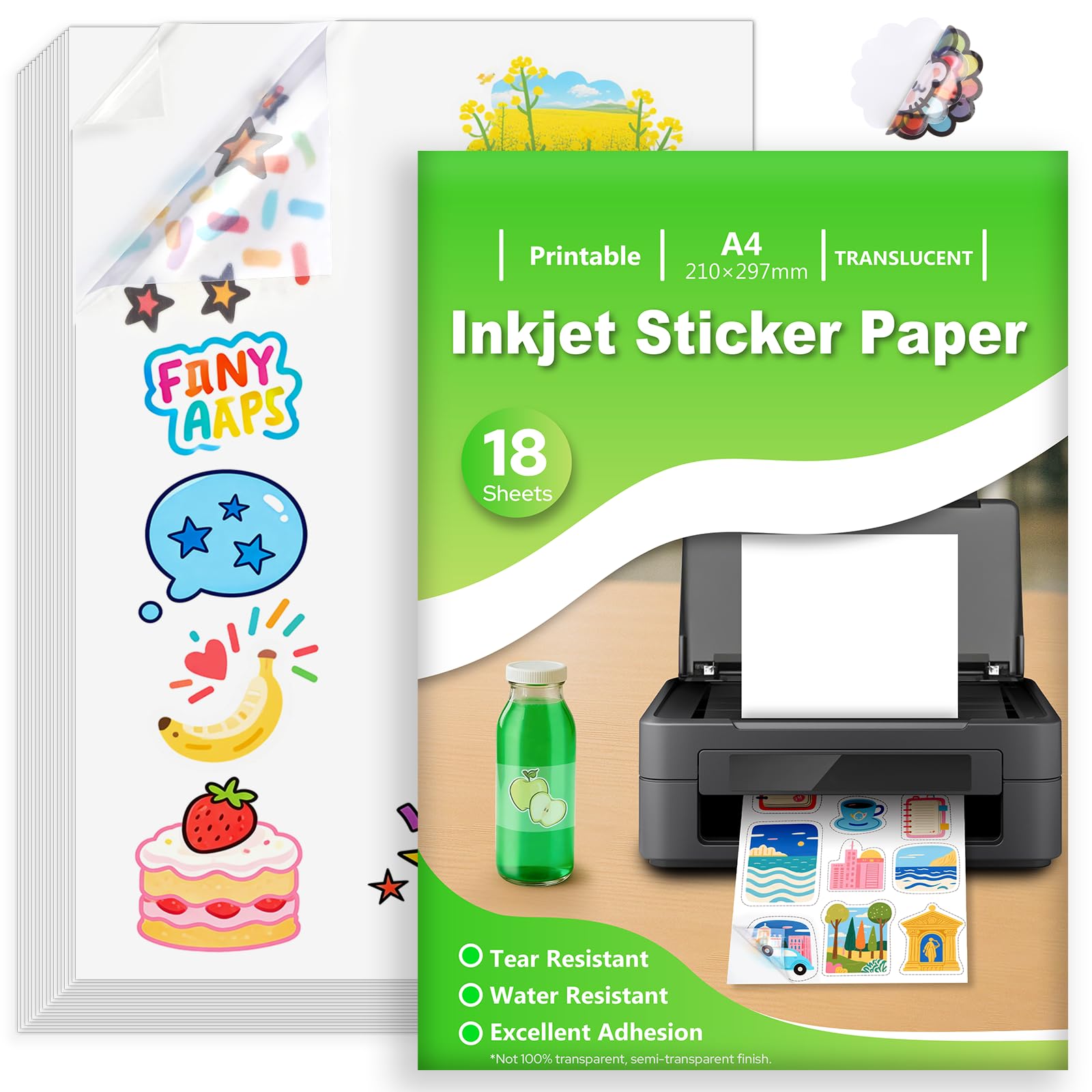 Euqvunn Inkjet Printer Paper - 18 Sheets A4 Translucent Waterproof Printable Vinyl Sticker Paper 1