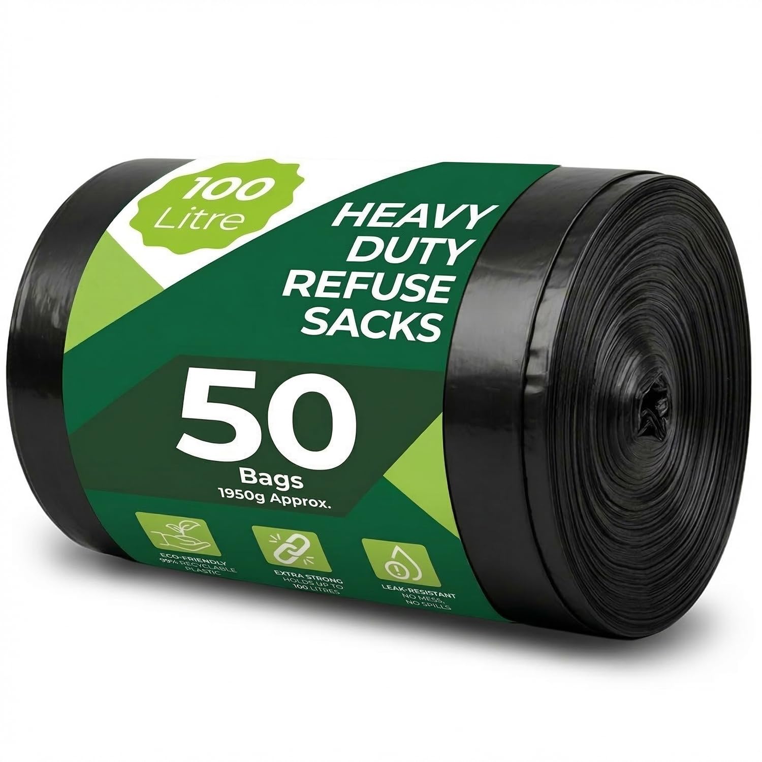 Roe Tenpo Heavy Duty Black Bin Bags - 100L Capacity, 50 Count | 33 μm Thick, Recyclable 1