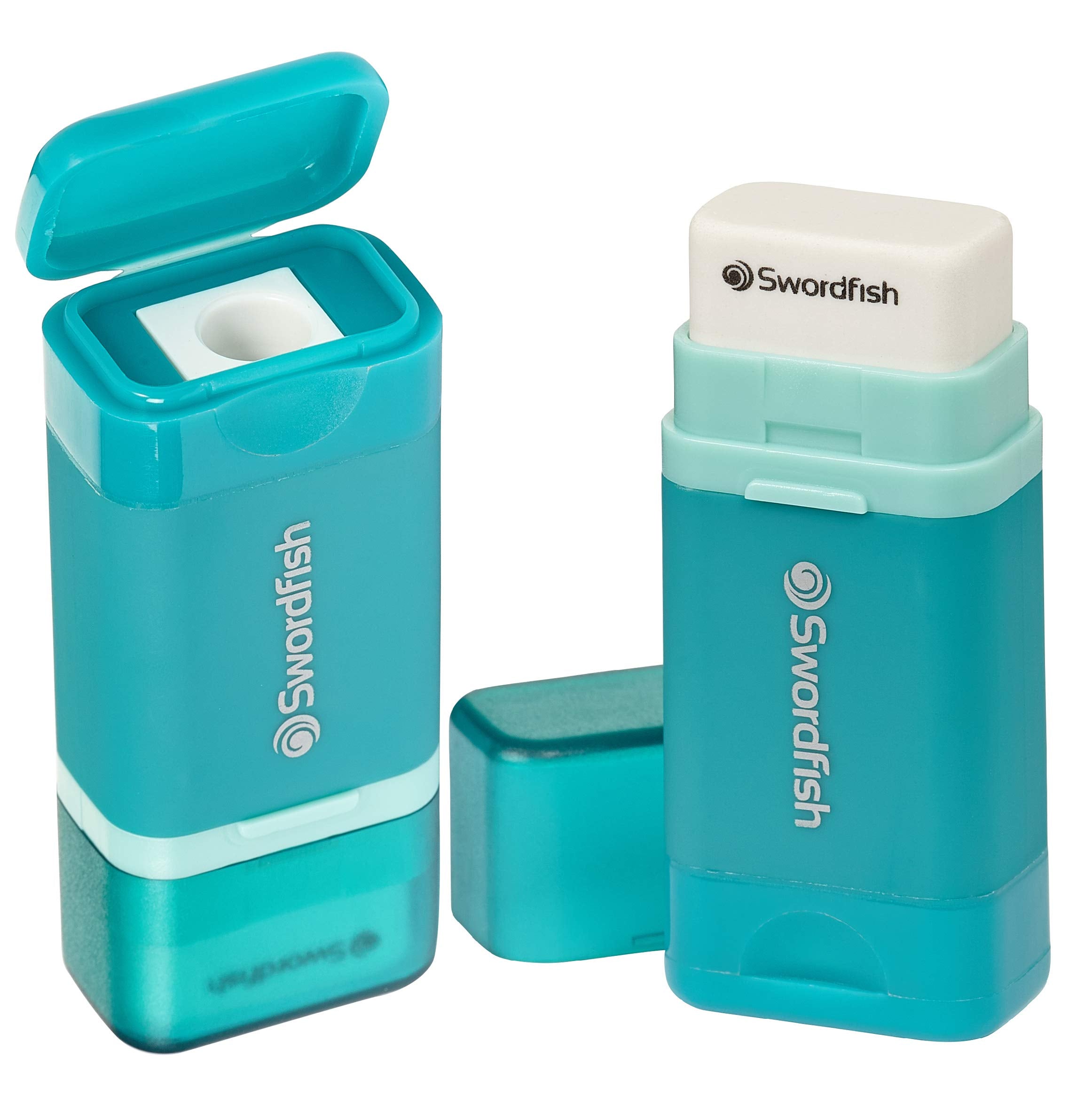 Swordfish Combo Pencil Sharpener & Eraser | Mess-Free Canister | Turquoise 1