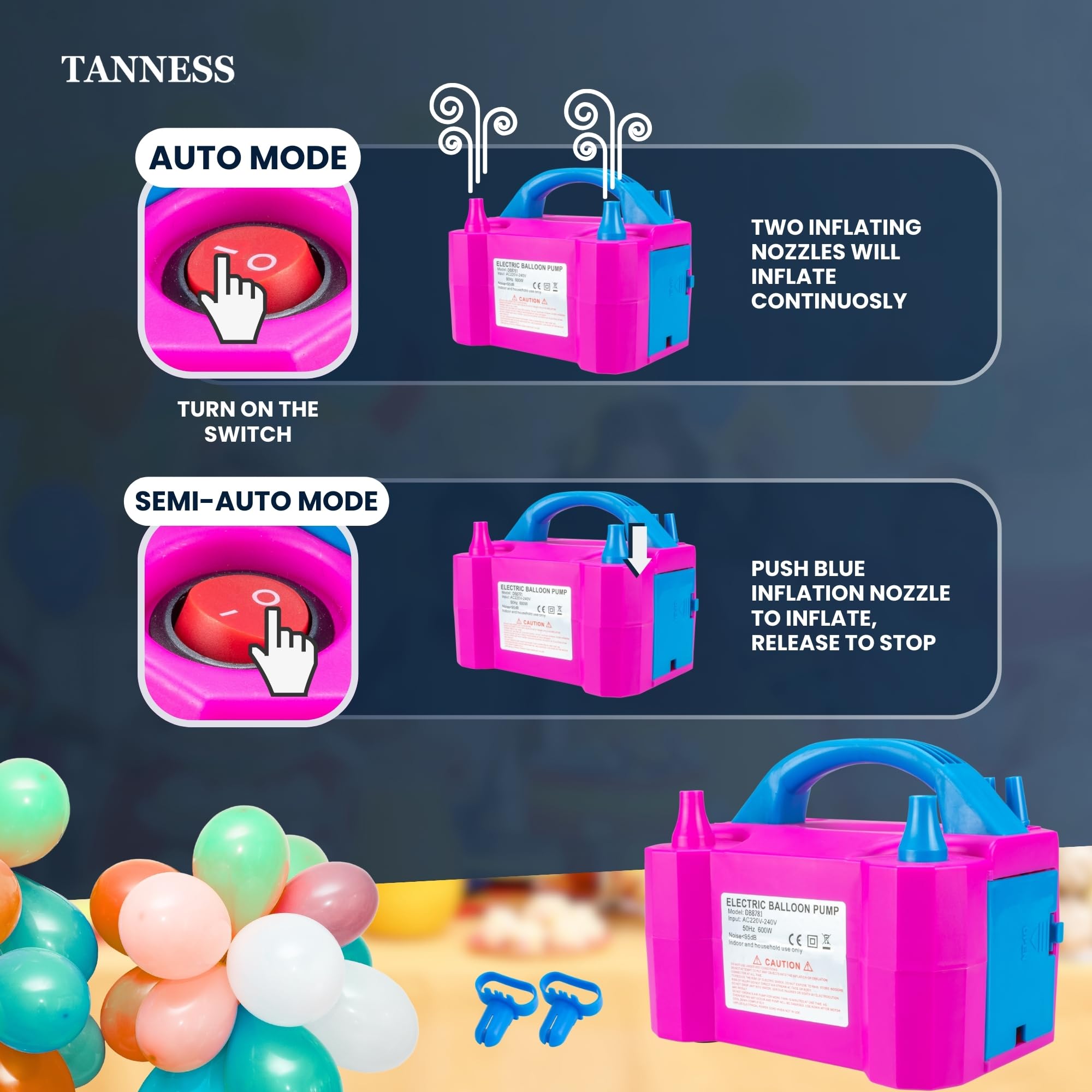 TANNESS Electric Balloon Pump - Dual Nozzle High Power with Manual & Auto Modes (AC220-240V) 2