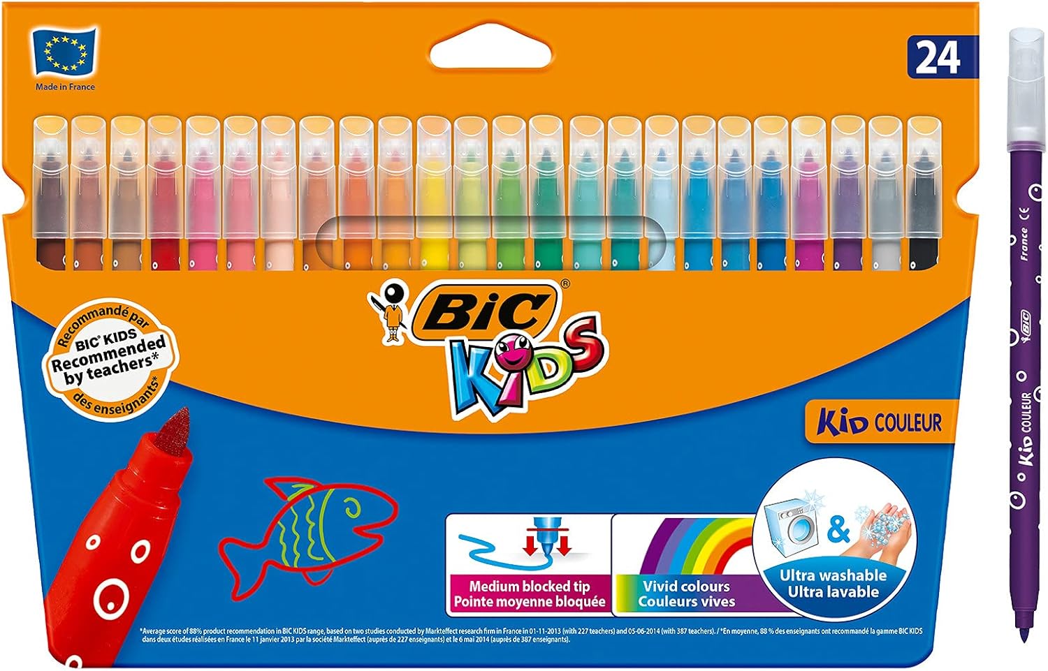 BIC Kids Kid Couleur Felt Tip Pens - 24 Assorted Colors, Washable, Medium Nib, Cardboard Wallet 1