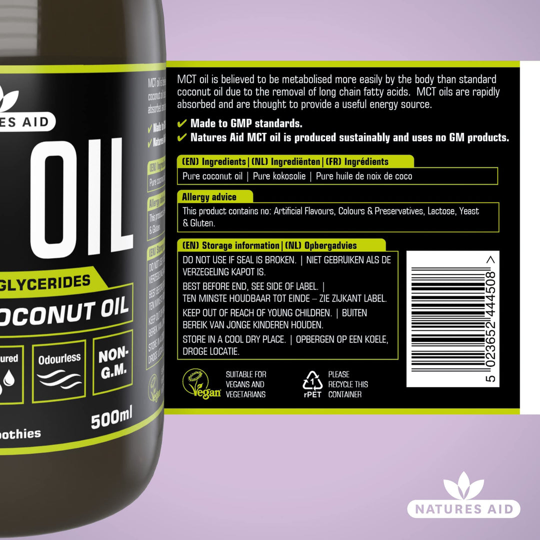 Natures Aid 100% MCT Oil 500ml - Premium Coconut MCT - Keto Friendly - Vegan, Non-GMO, Gluten-Free