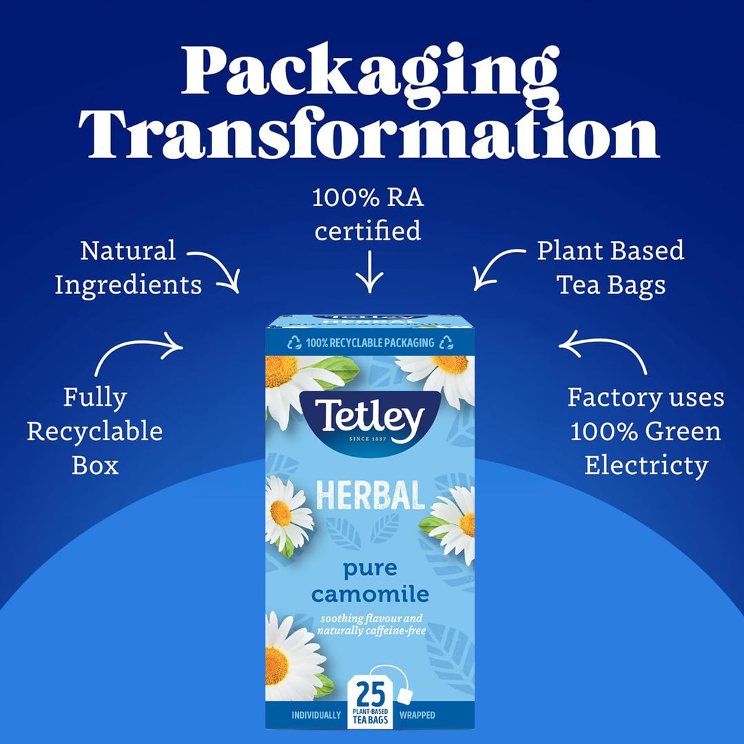 Tetley Pure Camomile Tea Bags - 25 Individually Wrapped Herbal Infusion - Naturally Caffeine-Free - Rainforest Alliance Certified