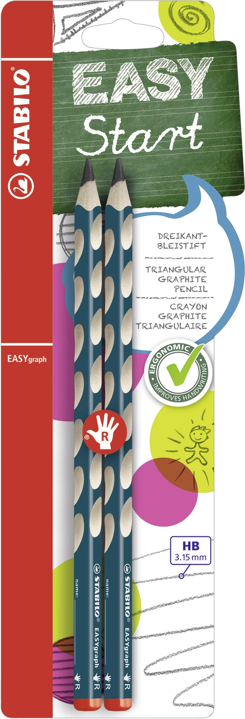 STABILO EASYgraph - Ergonomic Graphite Pencil - Right-Handed - Pack of 2 - Petrol - HB 1