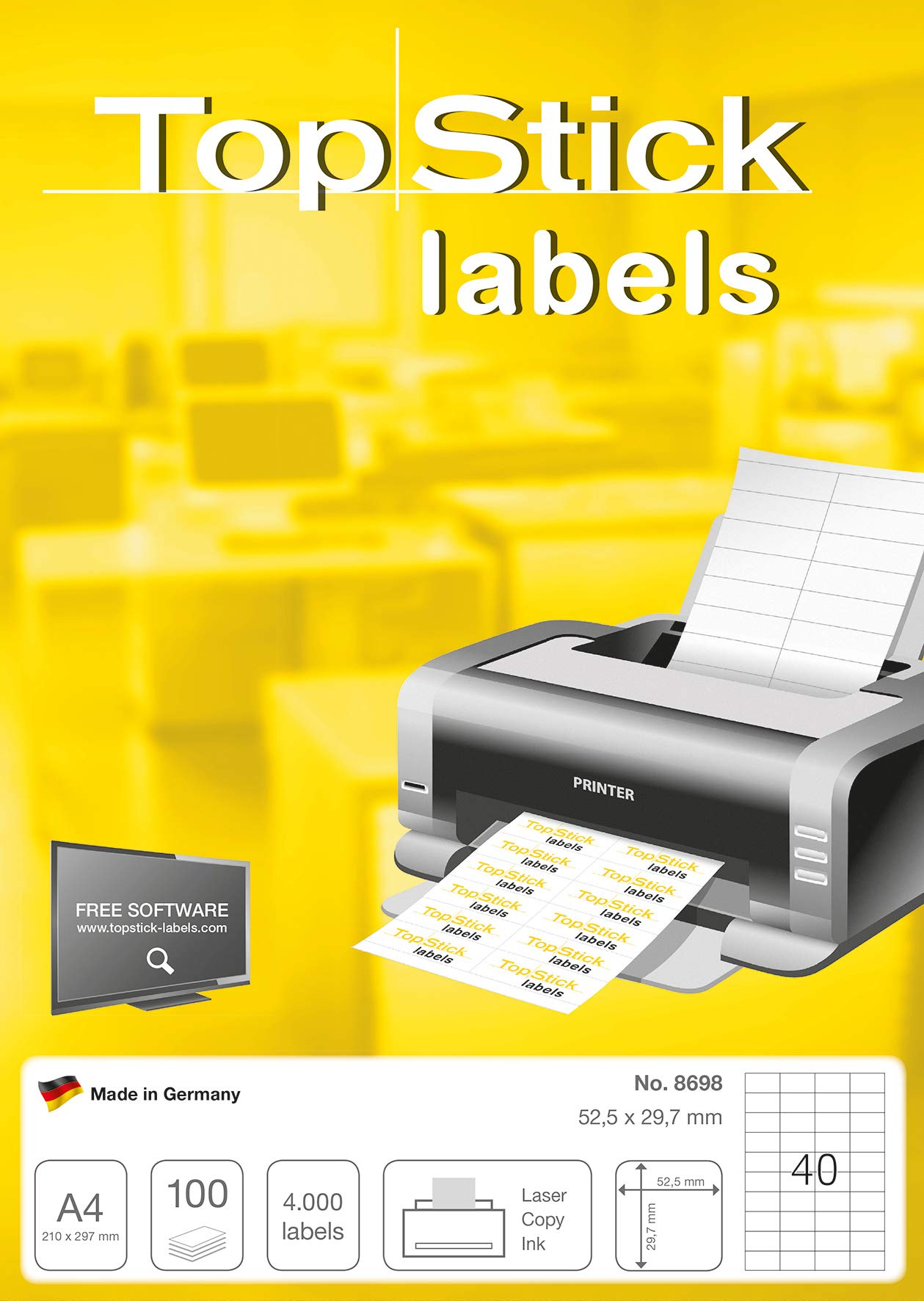 TopStick Self Adhesive Multi-Purpose Labels - 4000 Labels | 52.5 x 29.7 mm | Inkjet & Laser Compatible 3