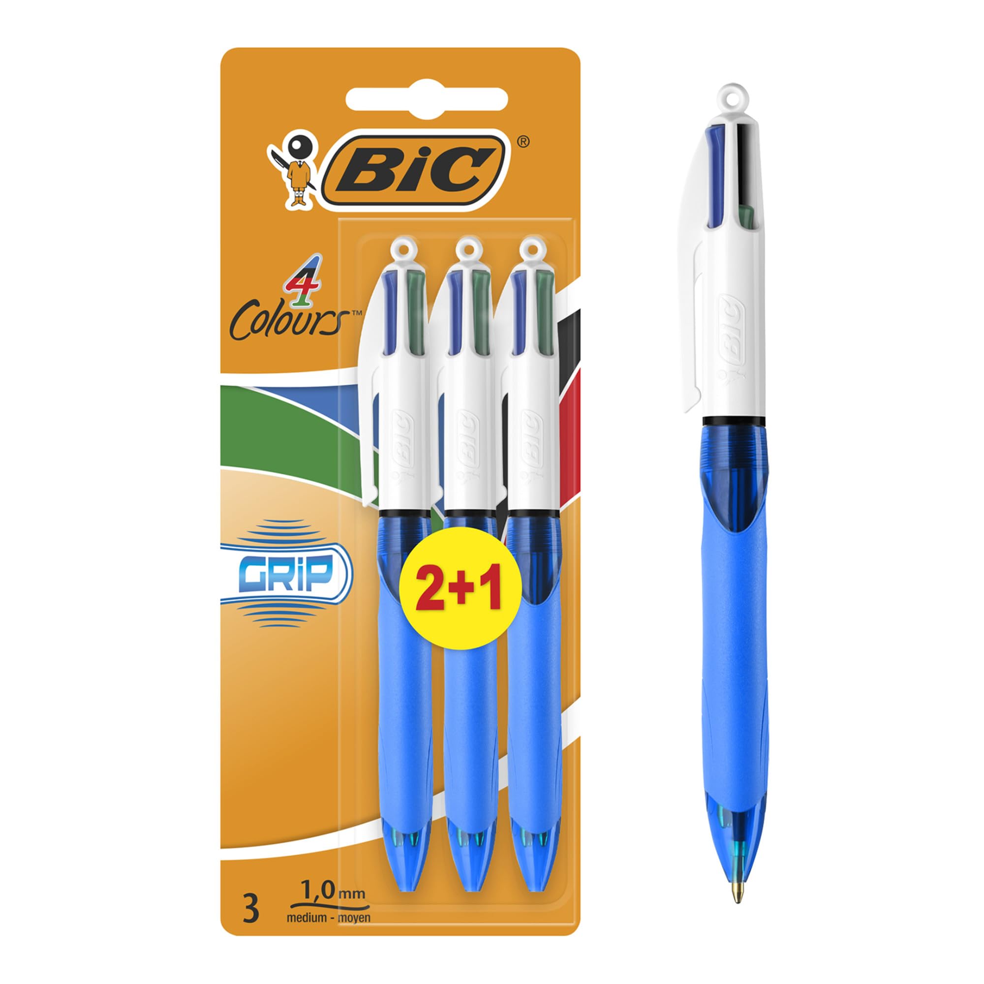 BIC 4 Colours Retractable Ballpoint Pens - Medium 1.0mm Point, Comfort Grip, Assorted Ink, Pack of 3 Blue Barrels 1