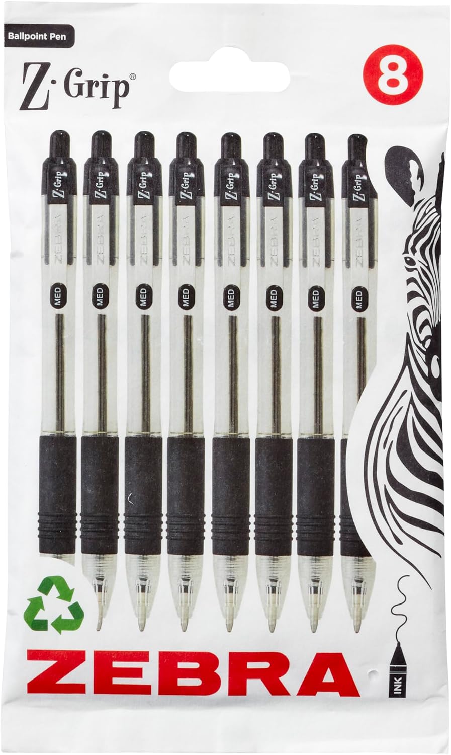 Zebra Pen Z Grip Black Ballpoint Pens with Pocket Clip 8pk, Retractable Black In