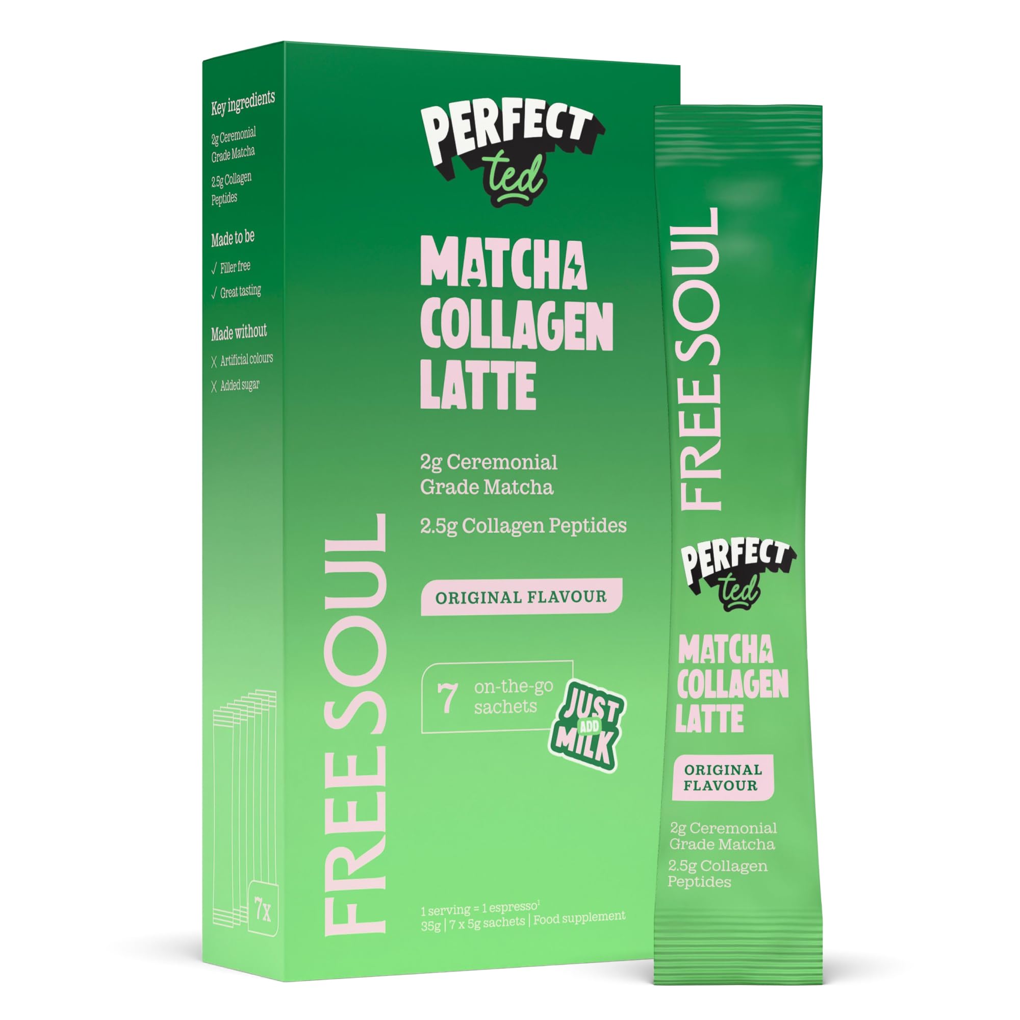 Free Soul x PerfectTed Matcha Collagen Powder - 7 Sachets (5g Each) | Low Sugar