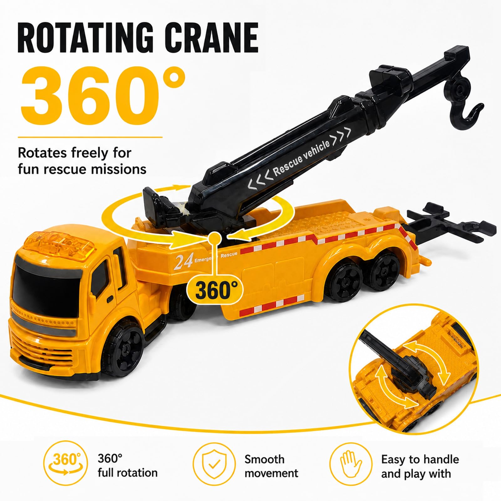 GizmoVine Tow Truck Toy - 26cm Metal Rescue Vehicle with 360° Rotating Crane Boom | Ages 3-10