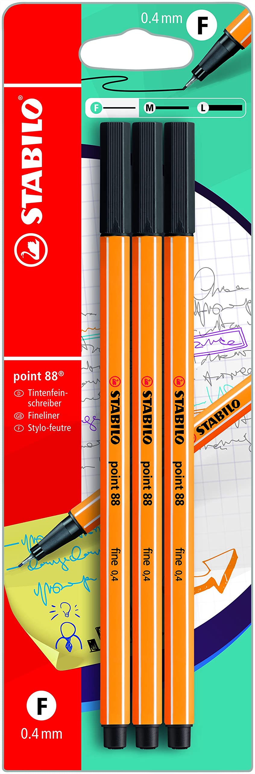 STABILO point 88 Fineliner - 0.4mm Line Width, Black Ink | Pack of 3 1