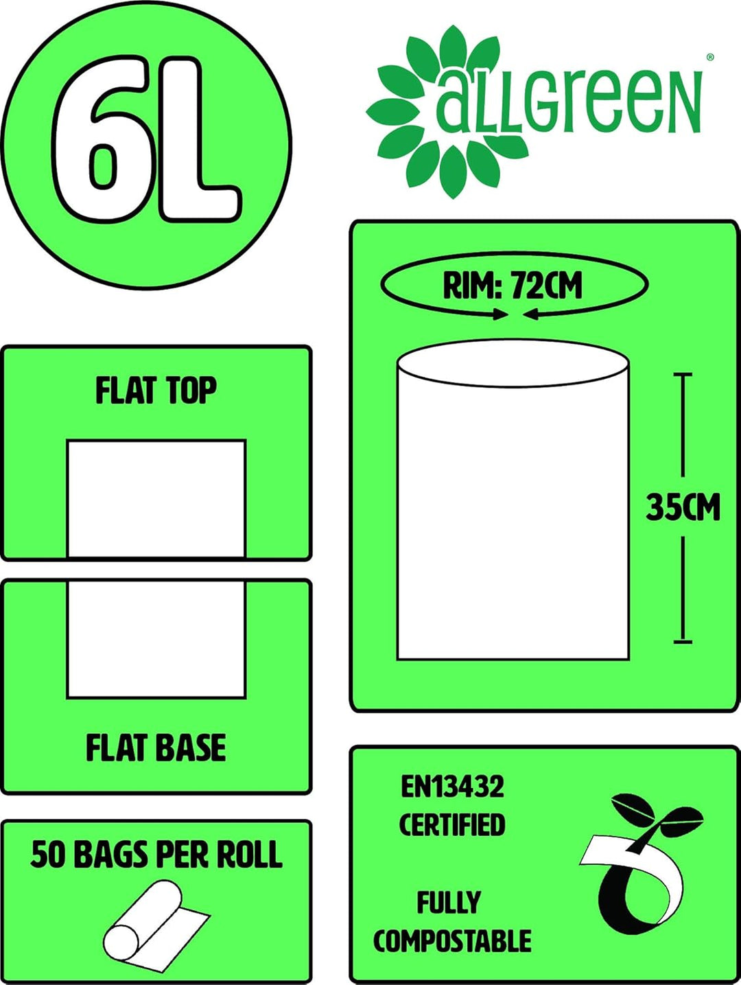 All-Green Compostable Kitchen Caddy Liners 6L - 150 Bags (3 Rolls)