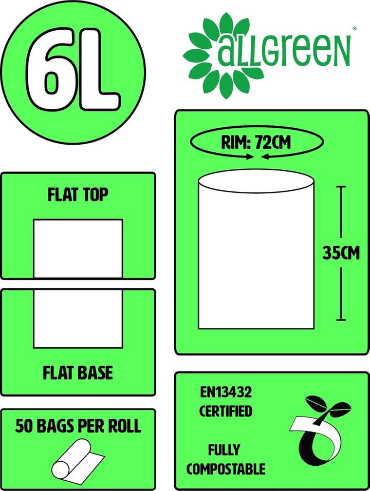 All-Green Compostable Kitchen Caddy Liners 6L - 150 Bags (3 Rolls)