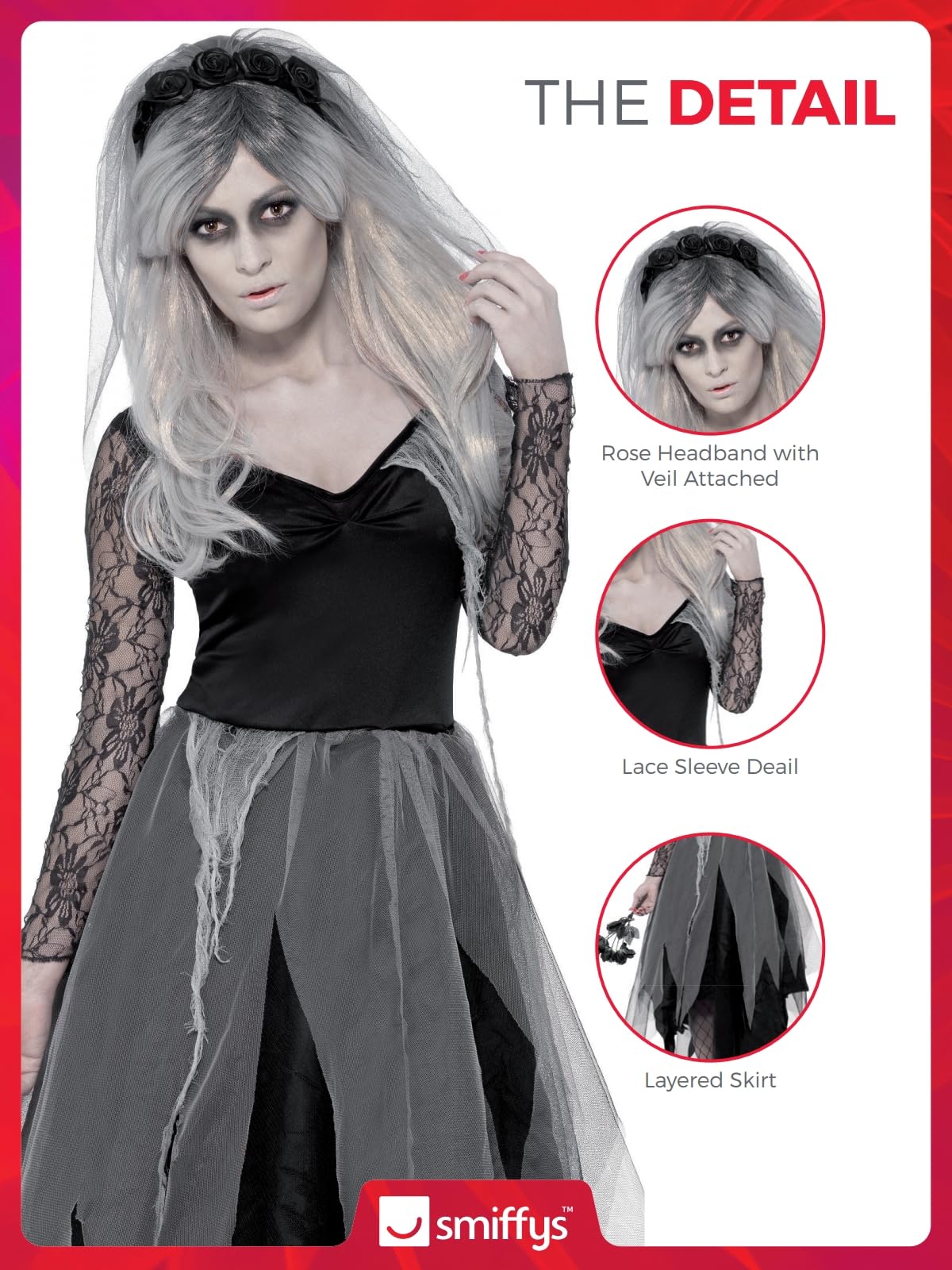 Smiffys Graveyard Bride Costume - Adult Women's Fancy Dress with Rose Veil 6