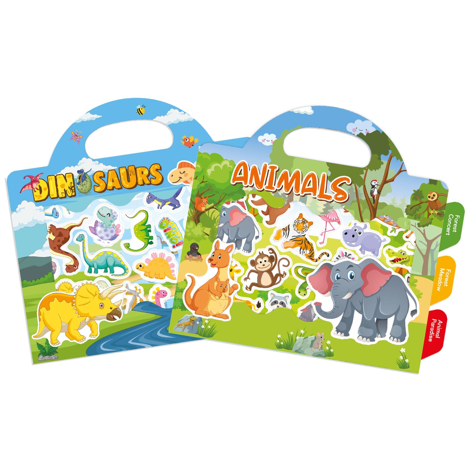 GUYUCOM 2 Pack Reusable Sticker Books for Toddlers - Educational Dinosaur & Animal PVC Stickers for Kids Ages 2-4