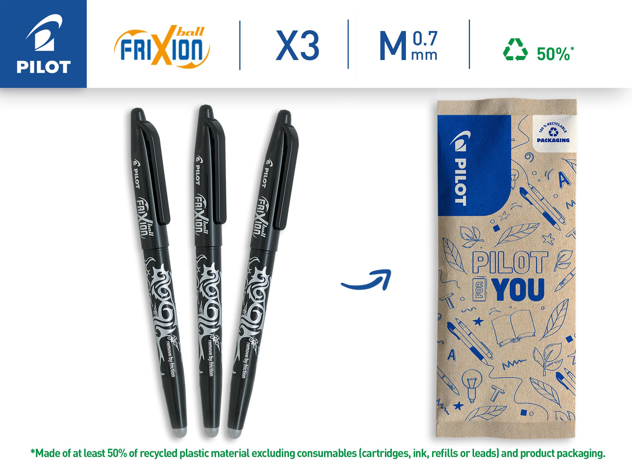 PILOT FriXion Ball 07 Erasable Gel Ink Rollerball Pen - Black Ink, 0.7mm Medium Tip, Refillable