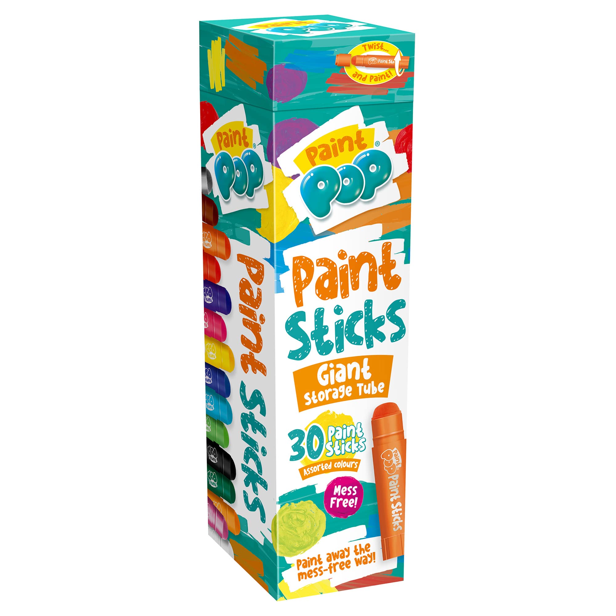 Paint Pop Paint Sticks - 30 Pack Assorted Colors Giant Storage Tube | Mess-Free Painting for Kids