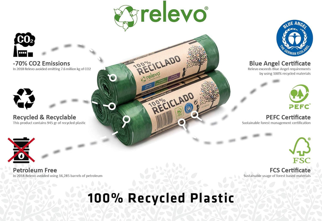 Relevo 100% Recycled Heavy Duty Bin Liners 30L - 45 Count (3 Rolls)