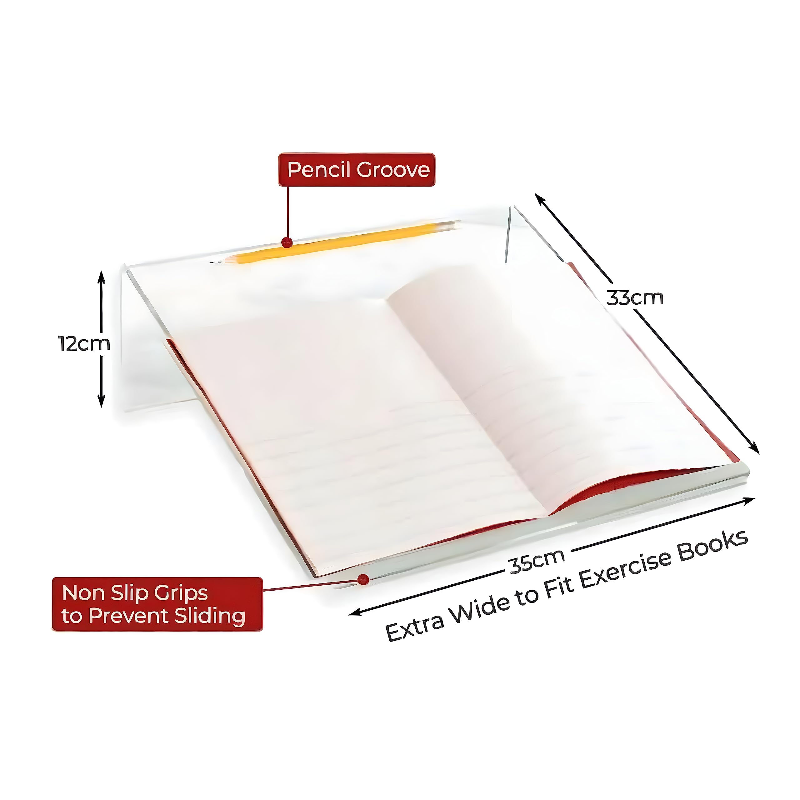 Playlearn Clear Acrylic Ergonomic Writing Slope - 20 Degree Angle, Extra Wide 35cm | Pen Holder Groove 3