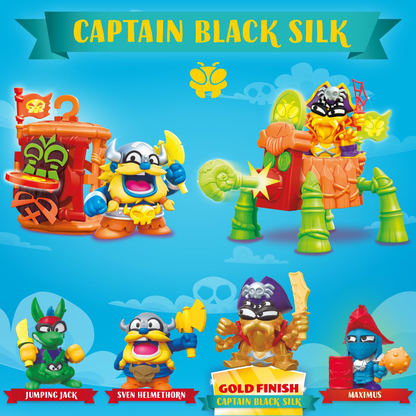 PIRATIX ADVENTURE WORLD Captain Pack Black Silk | 4 Figures, Neon Accessories, Cage & Cannon 3