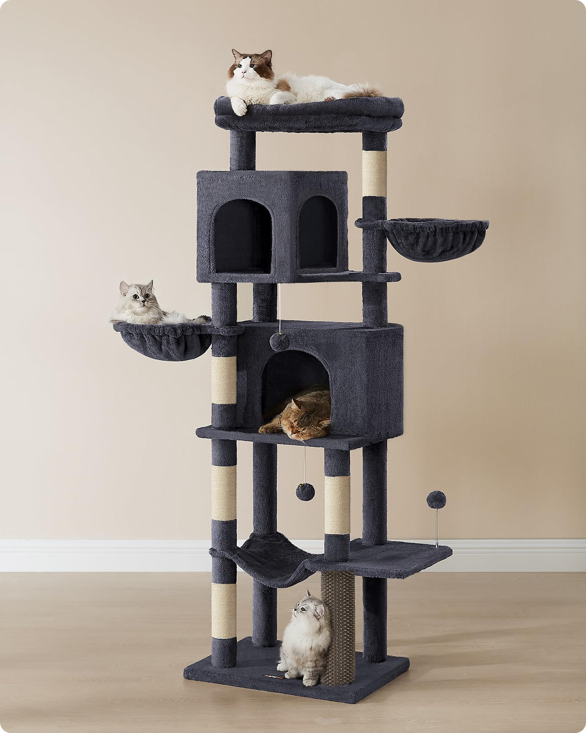 Feandrea Large Cat Tree - 175 cm Multi-Level Cat Tower with 2 Caves, Dark Grey