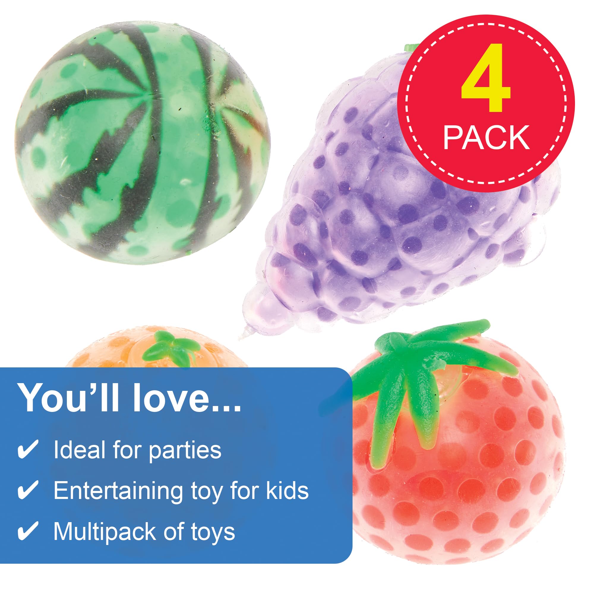 Baker Ross Squeeze Bead Fruit Toys - Pack of 4 Assorted Jelly Toys | Approx 7cm | Age 3+