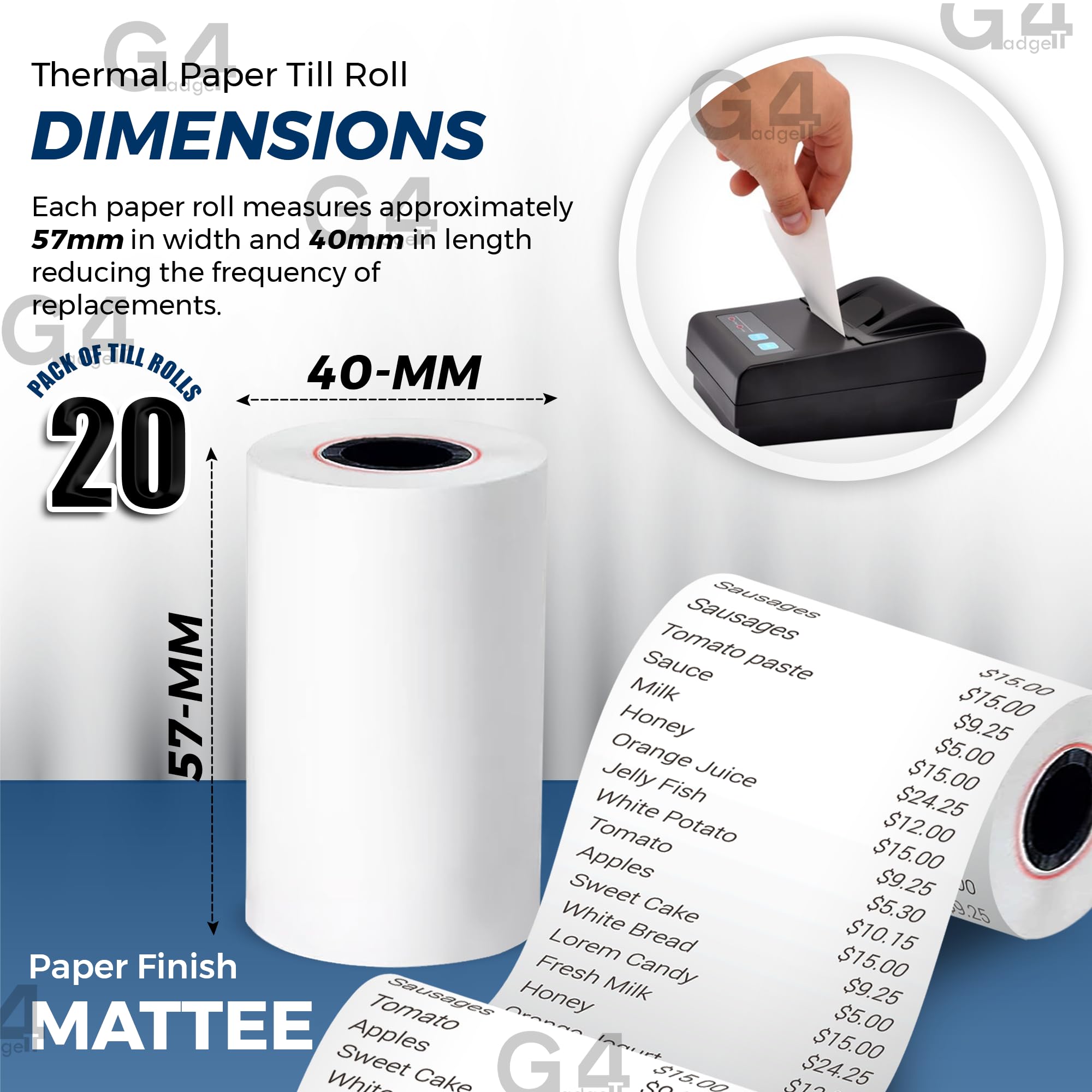 G4GADGET Thermal Paper Till Rolls - 20 Rolls, 57mm x 40m for Cash Registers & Credit Card Machines 2
