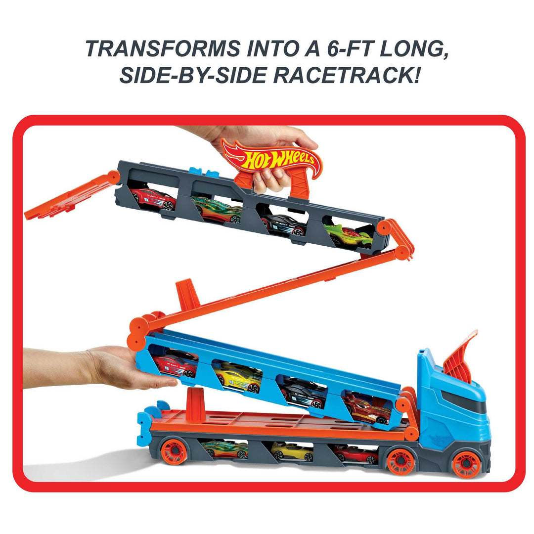Hot Wheels Speedway Hauler - 3-in-1 Storage Carrier with 6-Foot Drag Race Track & 3 Cars for Kids 4-8 Years