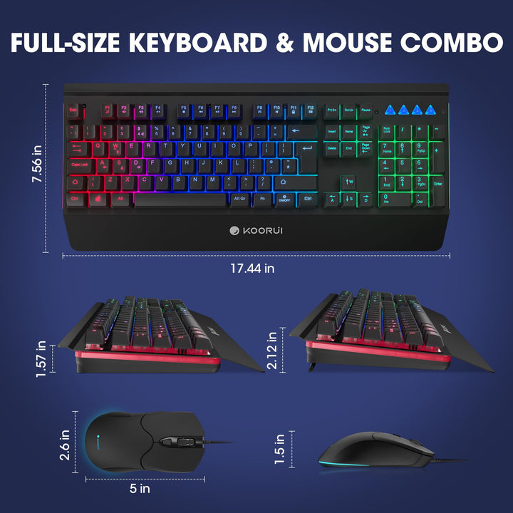 KOORUI Gaming Keyboard Mouse Set - 104-Key QWERTY Mechanical-Like Keyboard with Palm Rest & 6-Button Gaming Mouse, Black