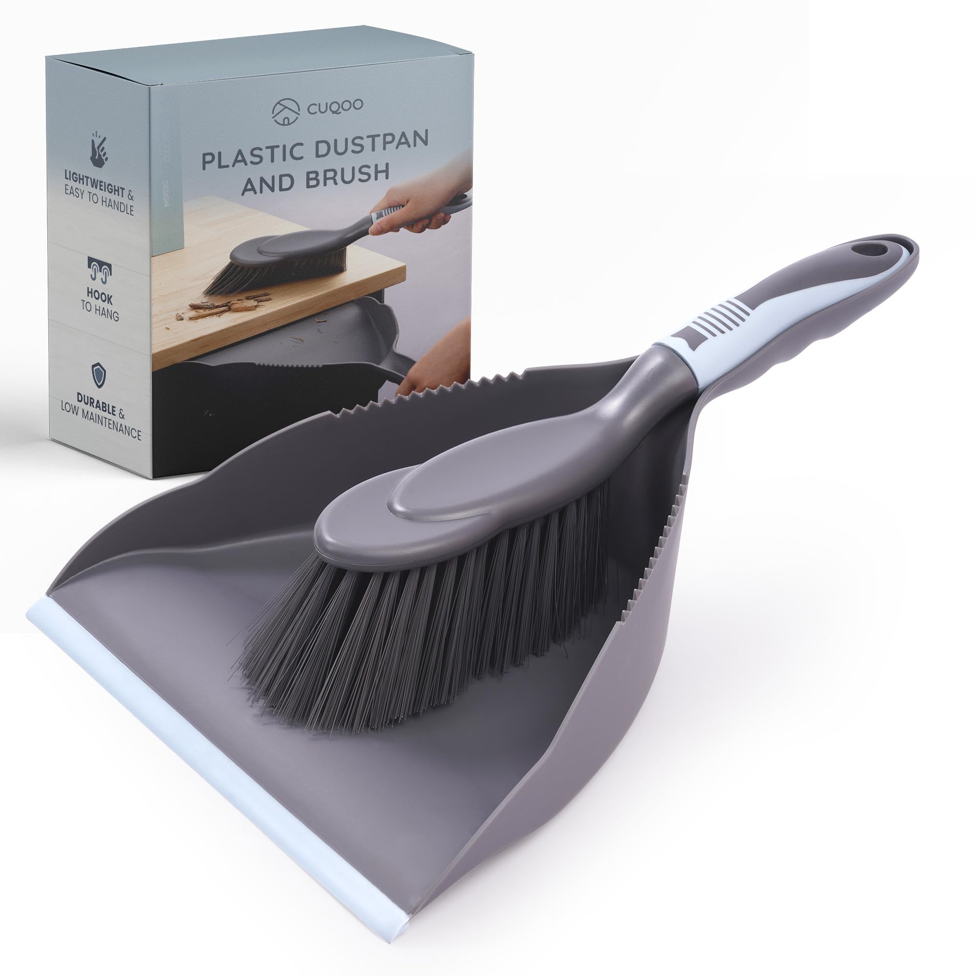 CUQOO Plastic Dustpan and Brush Set - Durable Lightweight Design | Corrugated Edge | Grey 1