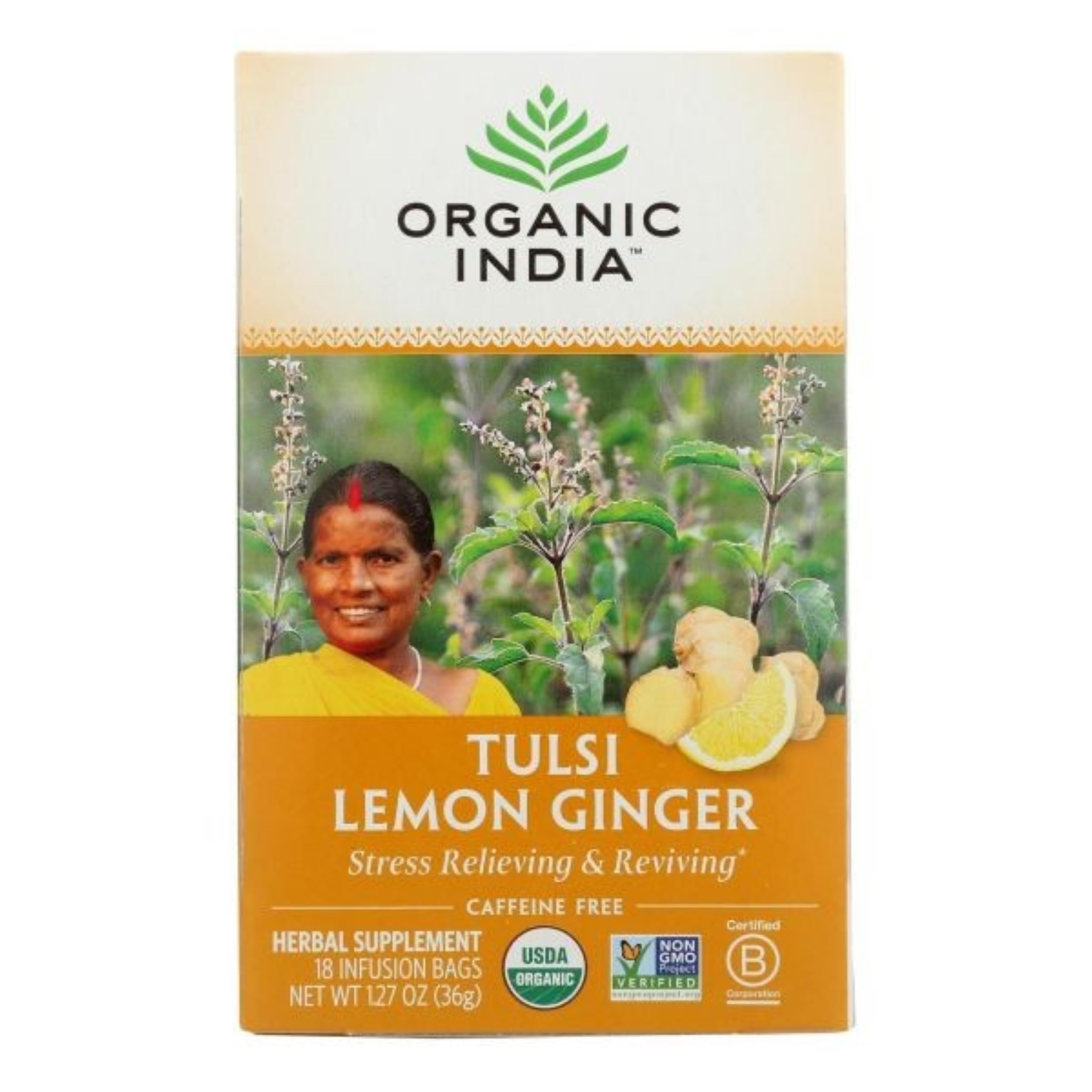 ORGANIC INDIA Tulsi Lemon & Ginger Herbal Tea - Caffeine-Free, Certified Organic, 1 Count Teabags 4