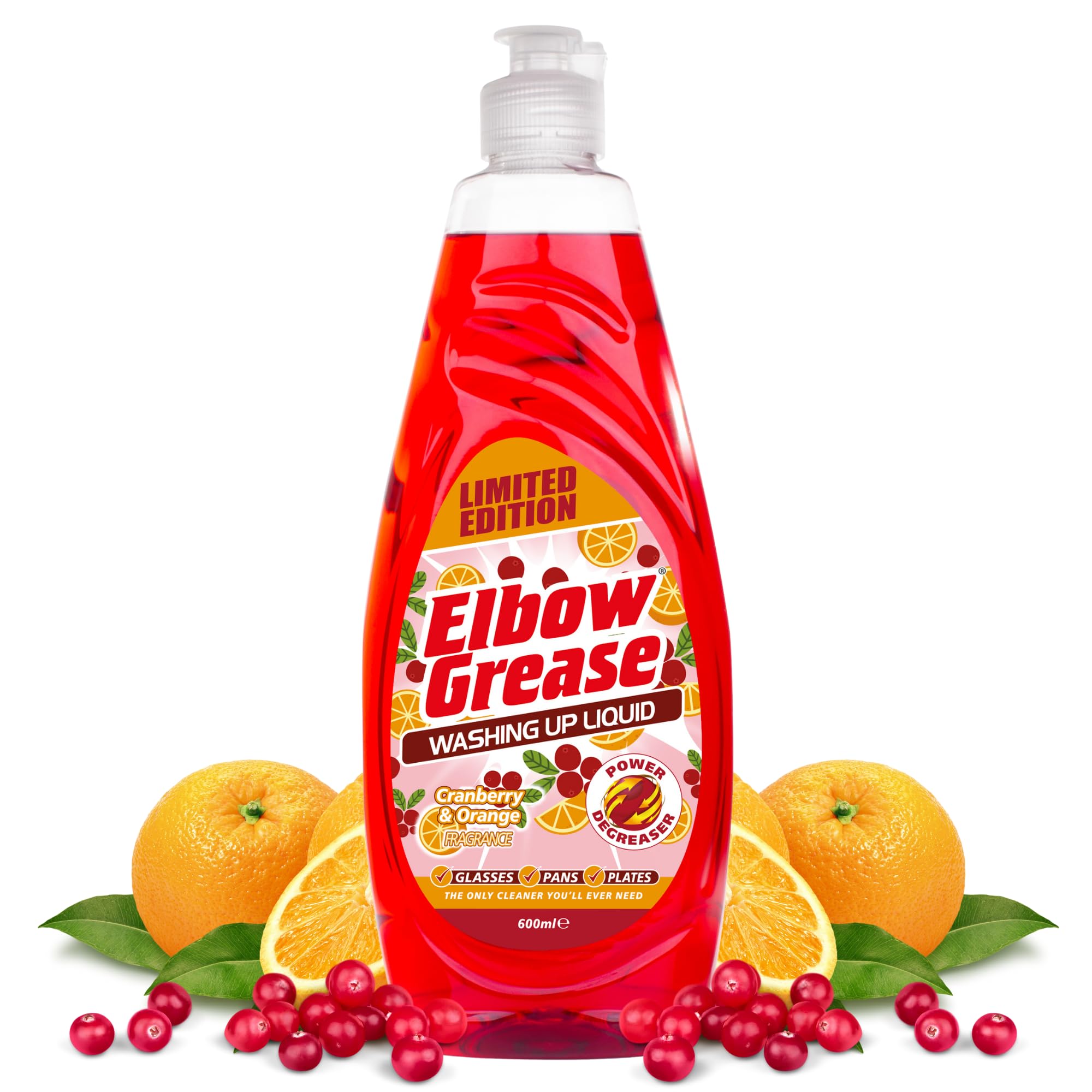 Elbow Grease Washing-Up Liquid - Powerful Degreaser, Streak-Free Shine, Cranberry & Orange Scent, 600ml 1