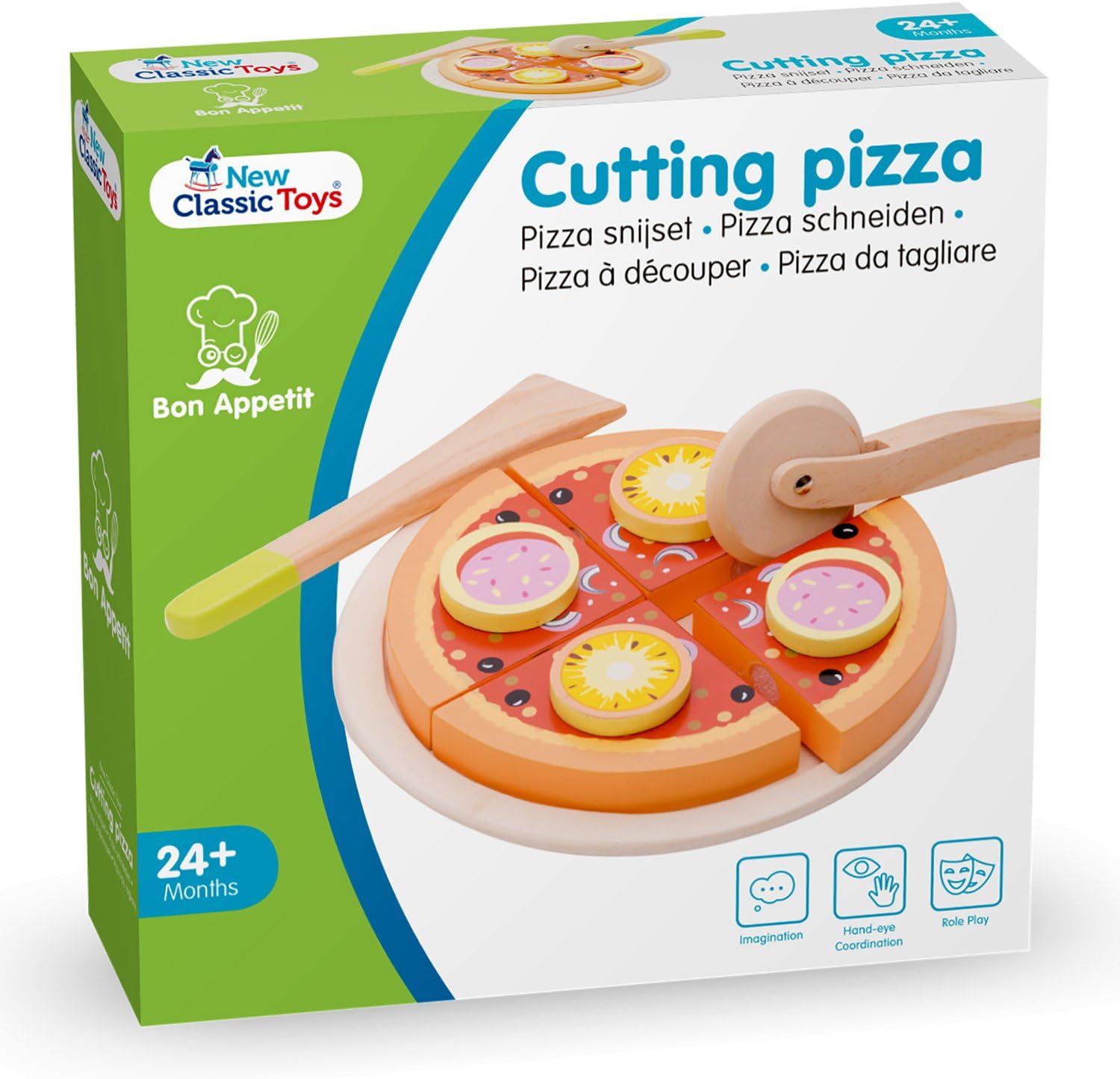 New Classic Toys 10586 Wooden Pretend Play Pizza Cutting Set - Educational Pretend Food for Toddlers & Kids, Ages 2+ 3