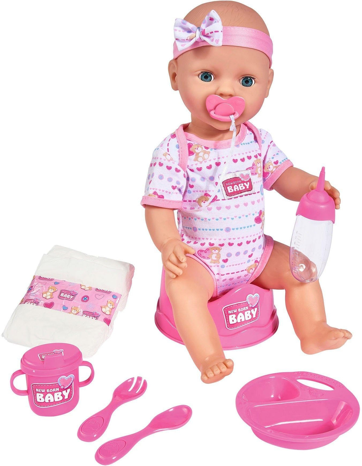Simba New Born Baby Doll Toy & Accessories - 38 cm, Drink and Wet Functions