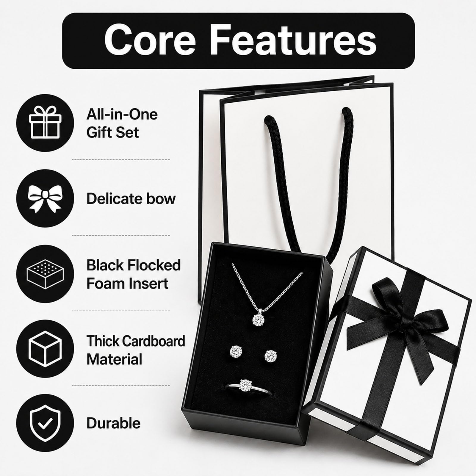 Admygo Premium Black & White Jewelry Gift Box Set with Matching Bag | 7x9x3cm Box 4